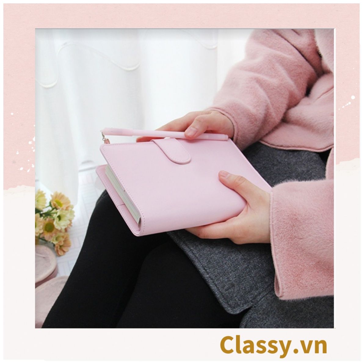 Sổ tay bìa da bìa còng ghi chú giấy màu trơn pastel, giấy kẻ ngang 200 trang có ngăn đựng thẻ, làm bút ký hoặc viết ghi chú, lên kế hoạch, PK1775