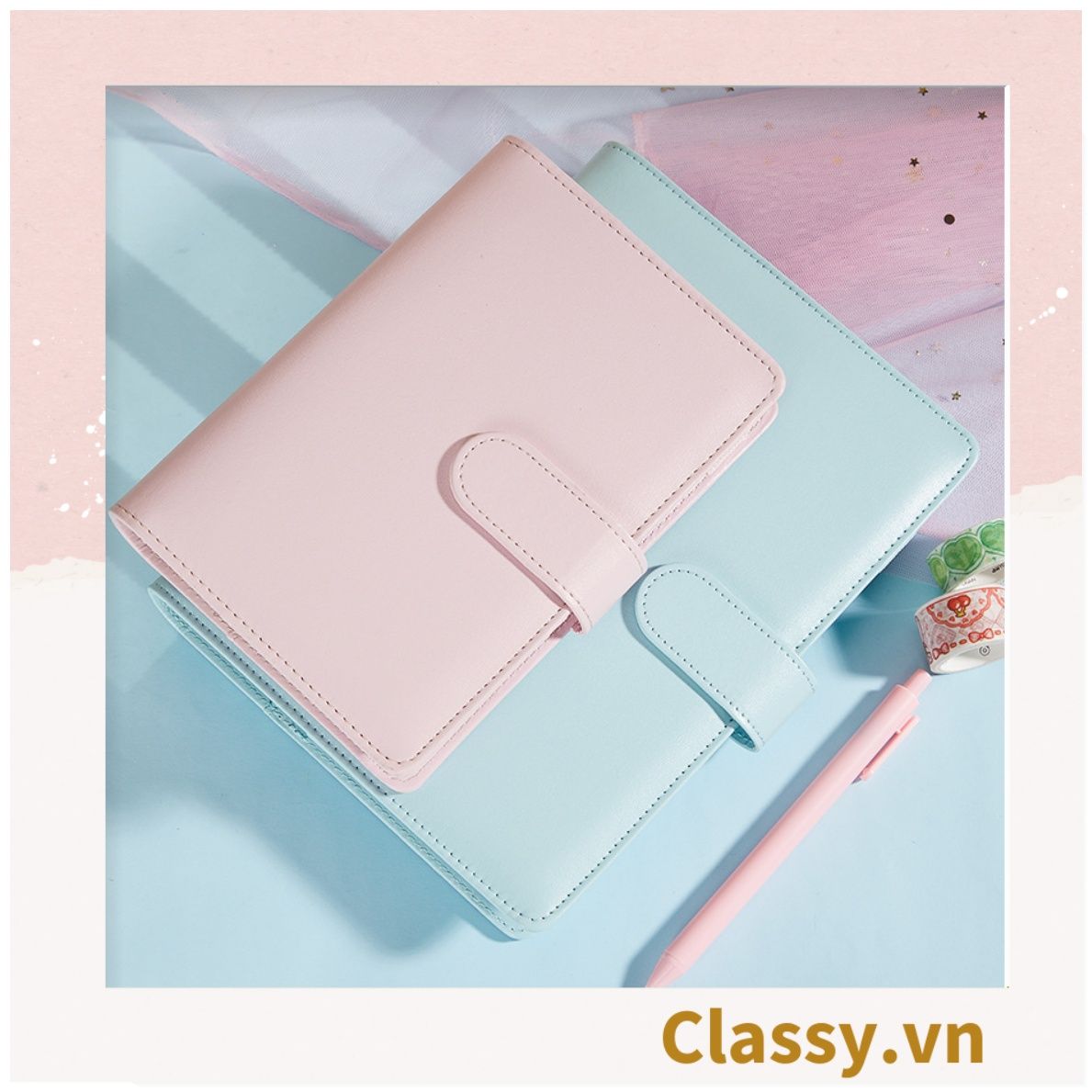 Sổ tay bìa da bìa còng ghi chú giấy màu trơn pastel, giấy kẻ ngang 200 trang có ngăn đựng thẻ, làm bút ký hoặc viết ghi chú, lên kế hoạch, PK1775