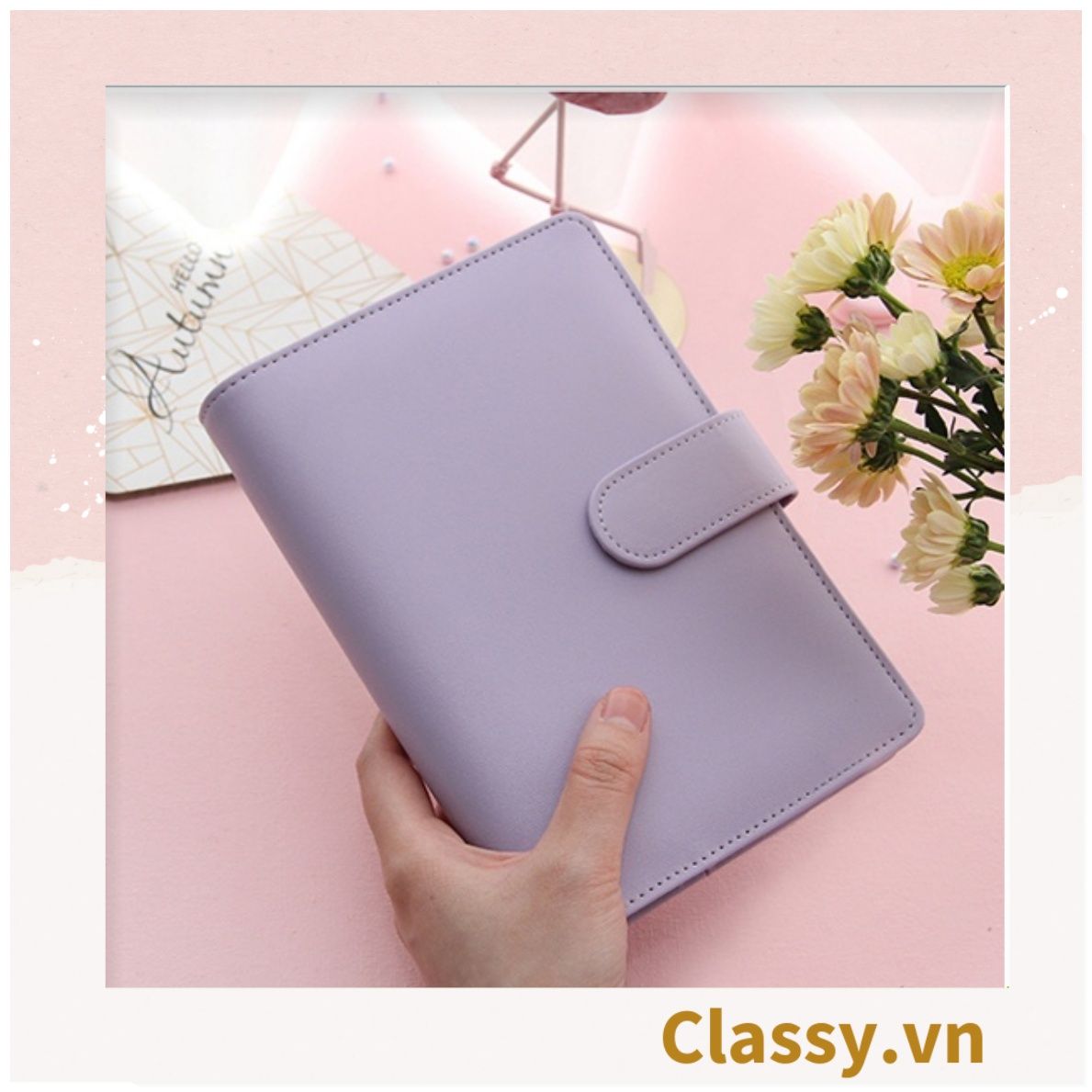 Sổ tay bìa da bìa còng ghi chú giấy màu trơn pastel, giấy kẻ ngang 200 trang có ngăn đựng thẻ, làm bút ký hoặc viết ghi chú, lên kế hoạch, PK1775