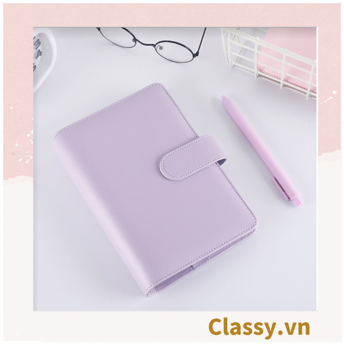 Sổ tay bìa da bìa còng ghi chú giấy màu trơn pastel, giấy kẻ ngang 200 trang có ngăn đựng thẻ, làm bút ký hoặc viết ghi chú, lên kế hoạch, PK1775