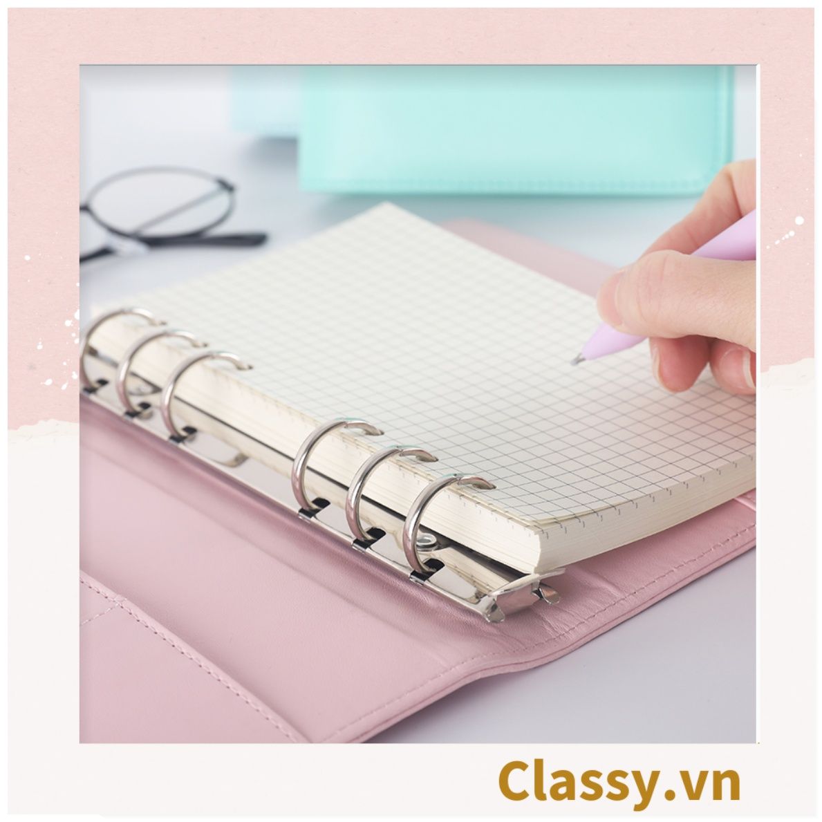 Sổ tay bìa da bìa còng ghi chú giấy màu trơn pastel, giấy kẻ ngang 200 trang có ngăn đựng thẻ, làm bút ký hoặc viết ghi chú, lên kế hoạch, PK1775