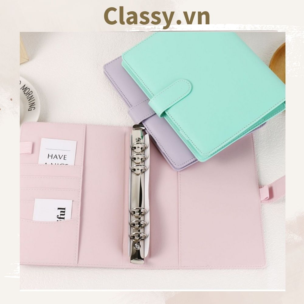 Sổ tay bìa da bìa còng ghi chú giấy màu trơn pastel, giấy kẻ ngang 200 trang có ngăn đựng thẻ, làm bút ký hoặc viết ghi chú, lên kế hoạch, PK1775