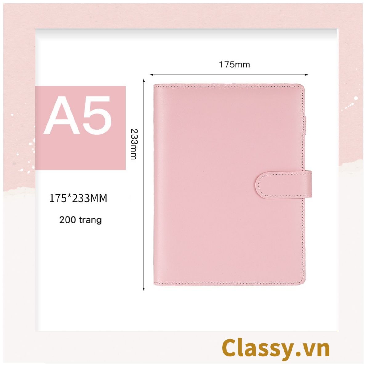 Sổ tay bìa da bìa còng ghi chú giấy màu trơn pastel, giấy kẻ ngang 200 trang có ngăn đựng thẻ, làm bút ký hoặc viết ghi chú, lên kế hoạch, PK1775