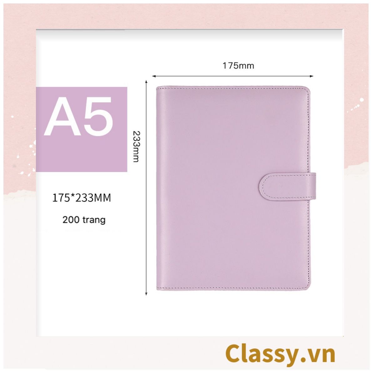 Sổ tay bìa da bìa còng ghi chú giấy màu trơn pastel, giấy kẻ ngang 200 trang có ngăn đựng thẻ, làm bút ký hoặc viết ghi chú, lên kế hoạch, PK1775
