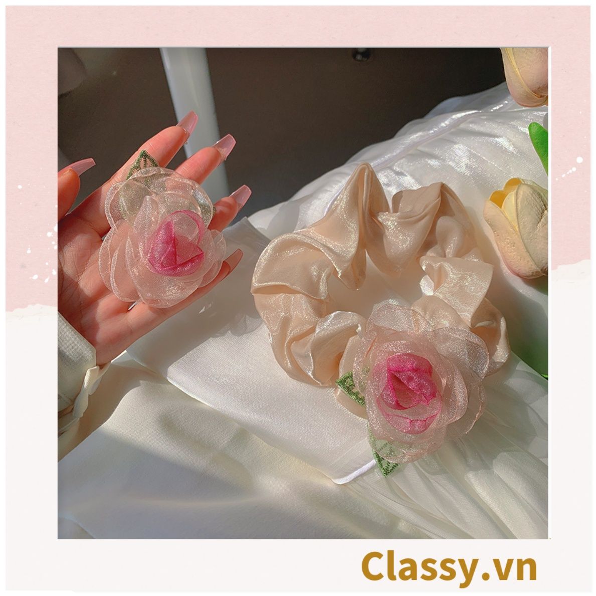 Dây cột tóc hoa hồng vải voan, phụ kiện tóc hoa hồng nữ tính, thun buộc tóc đính nơ trắng đáng yêu phong cách hàn quốc dành cho nữ PK1785