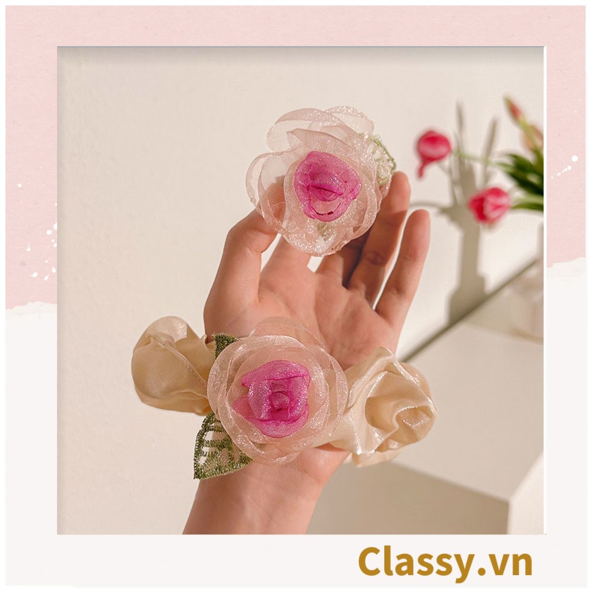 Dây cột tóc hoa hồng vải voan, phụ kiện tóc hoa hồng nữ tính, thun buộc tóc đính nơ trắng đáng yêu phong cách hàn quốc dành cho nữ PK1785