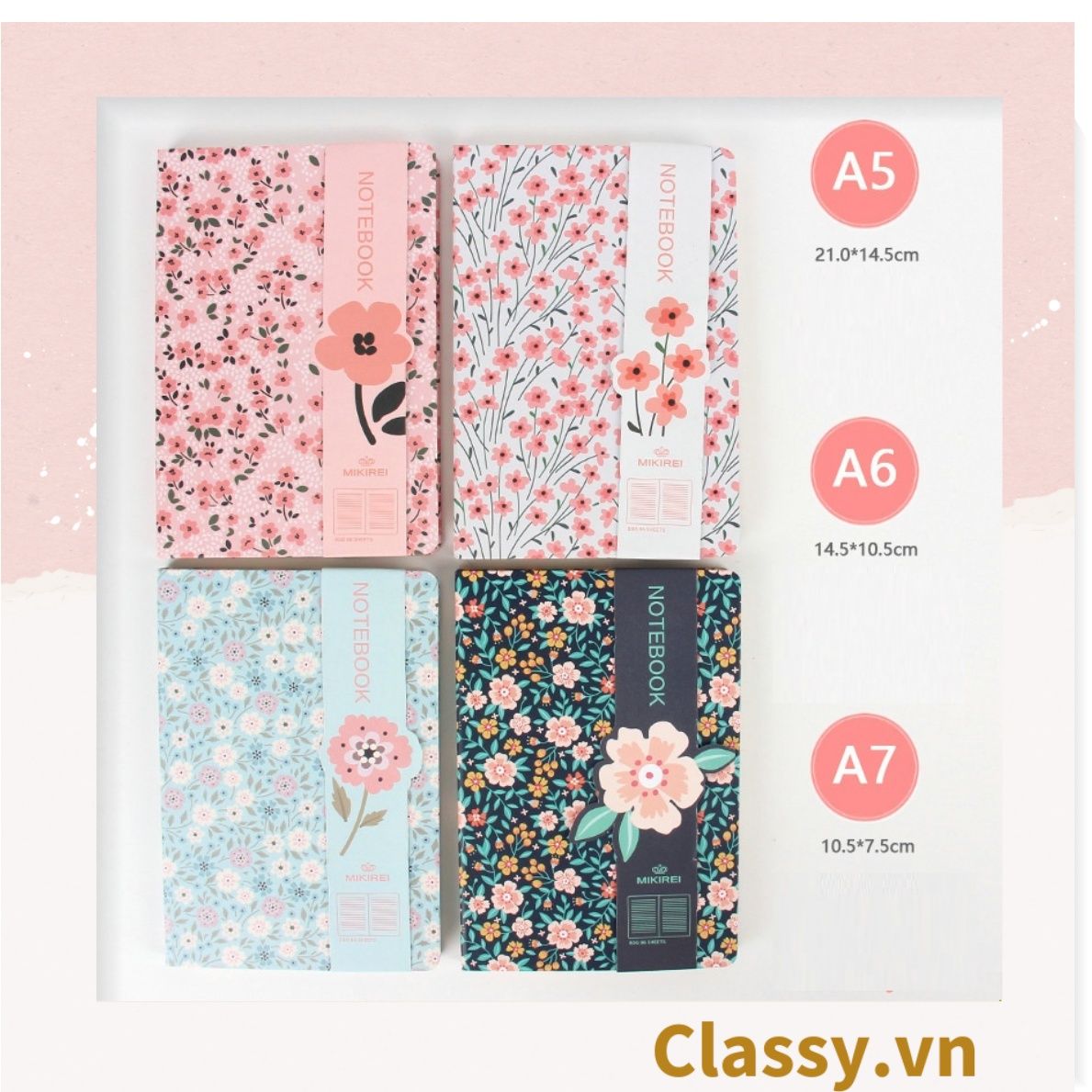 Sổ tay bìa cứng họa tiết hoa vintage kích thước A5 hoặc A7, 192 trang PK1792 Classy Floral