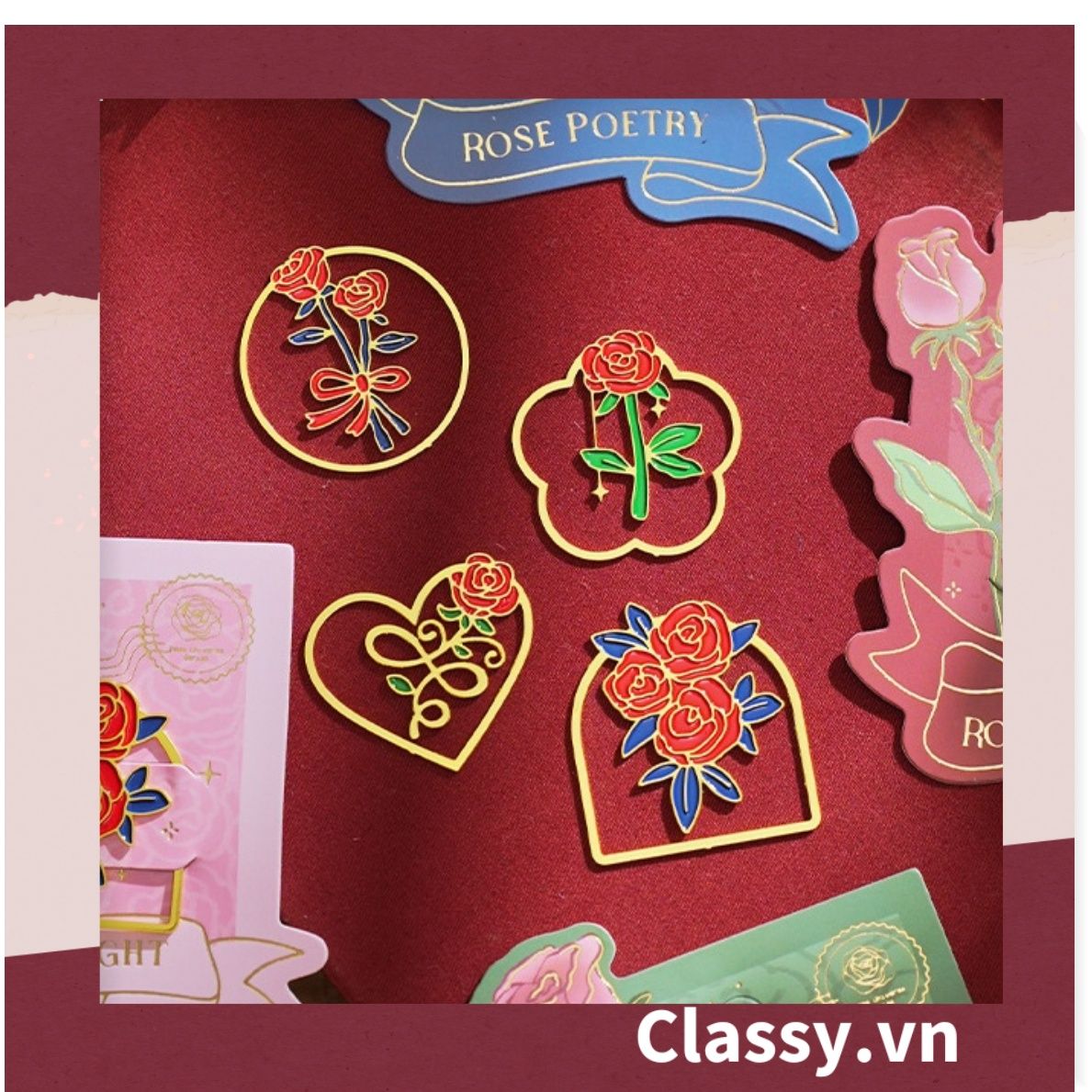 Bookmark /thẻ đánh dấu sách Hình Hoa Hồng vintage chất liệu Kim Loại đánh Dấu, đục lỗ tròn có thể gắn thêm ruy băng PK1793