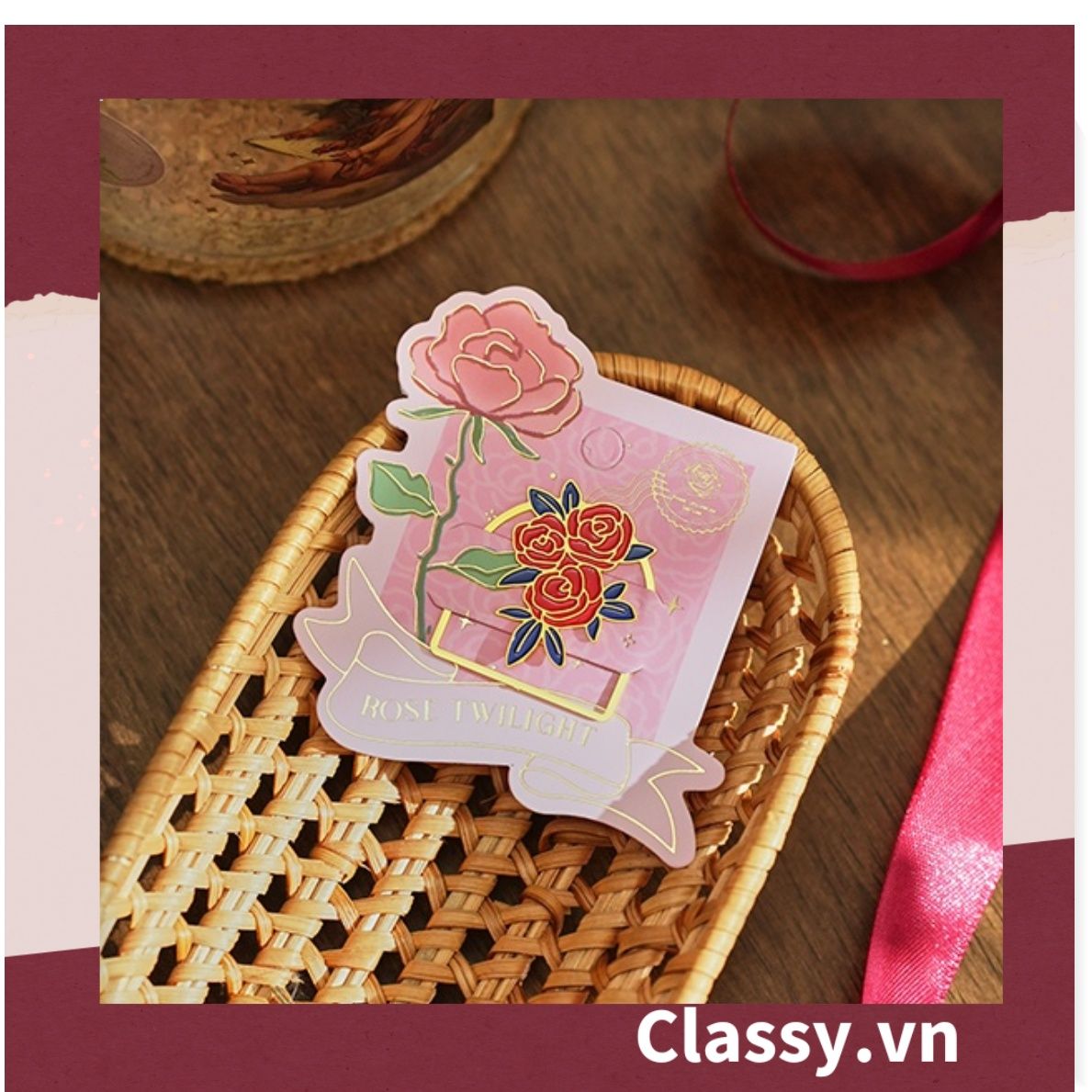 Bookmark /thẻ đánh dấu sách Hình Hoa Hồng vintage chất liệu Kim Loại đánh Dấu, đục lỗ tròn có thể gắn thêm ruy băng PK1793