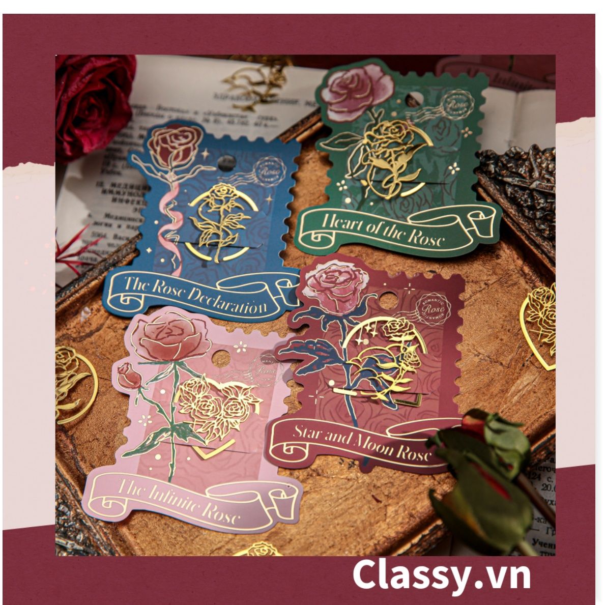 Bookmark /thẻ đánh dấu sách Hình Hoa Hồng vintage chất liệu Kim Loại đánh Dấu, đục lỗ tròn có thể gắn thêm ruy băng PK1793