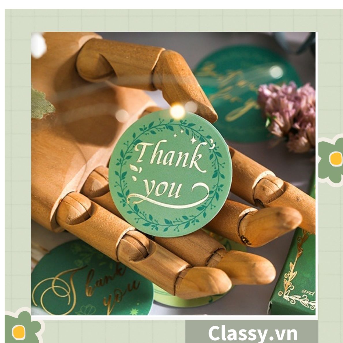 Bộ 50 Nhãn dán hộp sticker giấy C bóng họa tiết vintage thể hiện lòng biết ơn chữ thank you dùng để trang trí, niêm phong PK1794