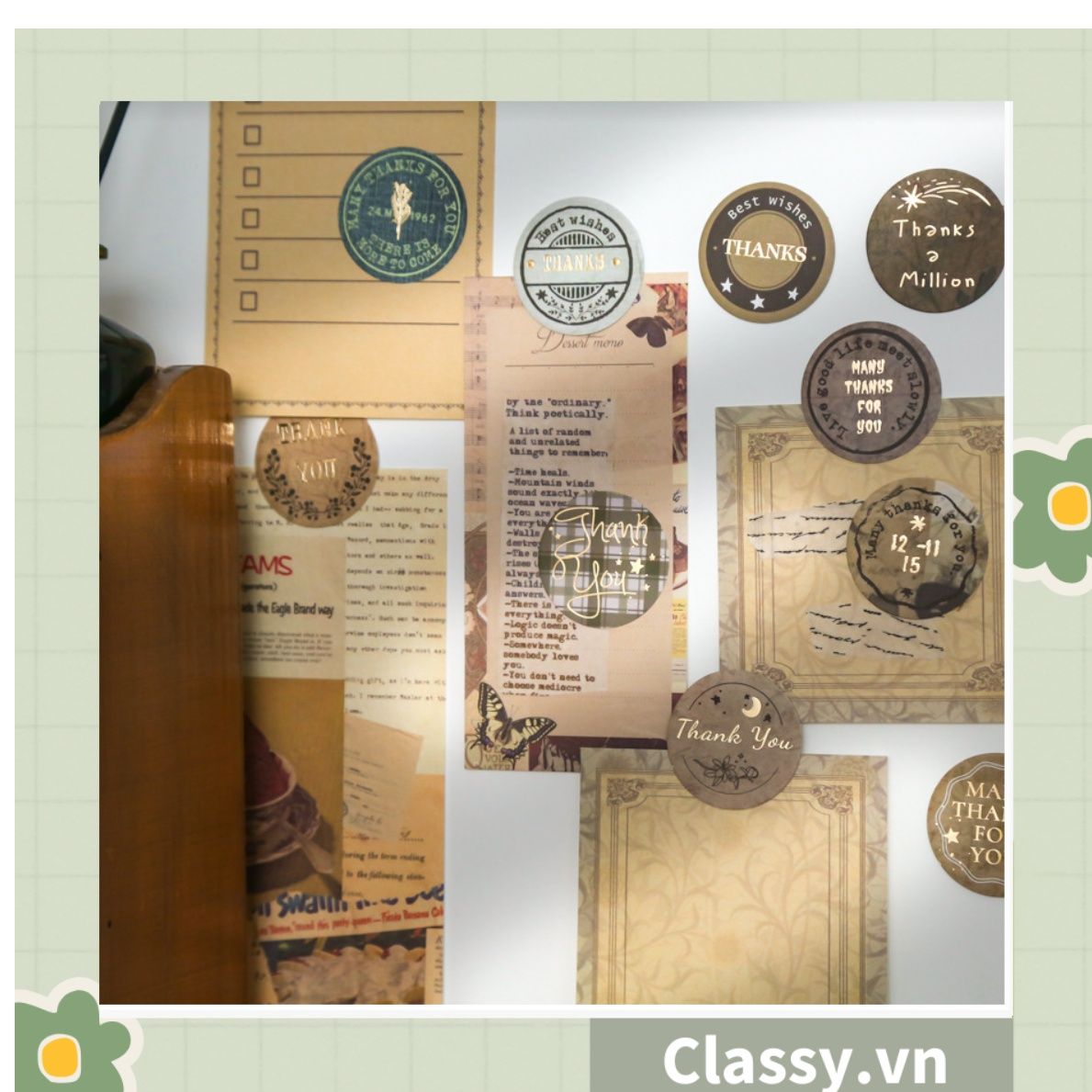 Bộ 50 Nhãn dán hộp sticker giấy C bóng họa tiết vintage thể hiện lòng biết ơn chữ thank you dùng để trang trí, niêm phong PK1794
