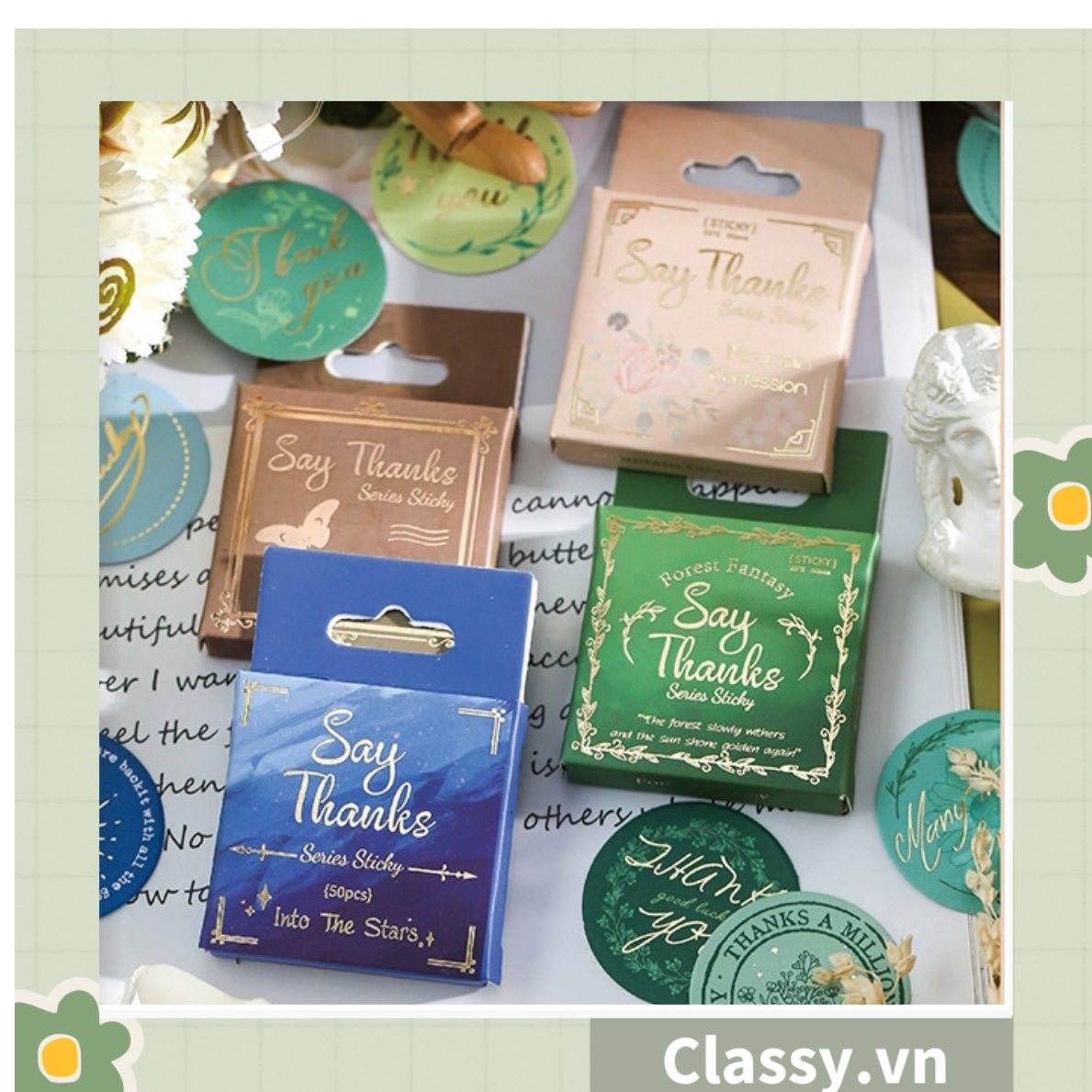 Bộ 50 Nhãn dán hộp sticker giấy C bóng họa tiết vintage thể hiện lòng biết ơn chữ thank you dùng để trang trí, niêm phong PK1794
