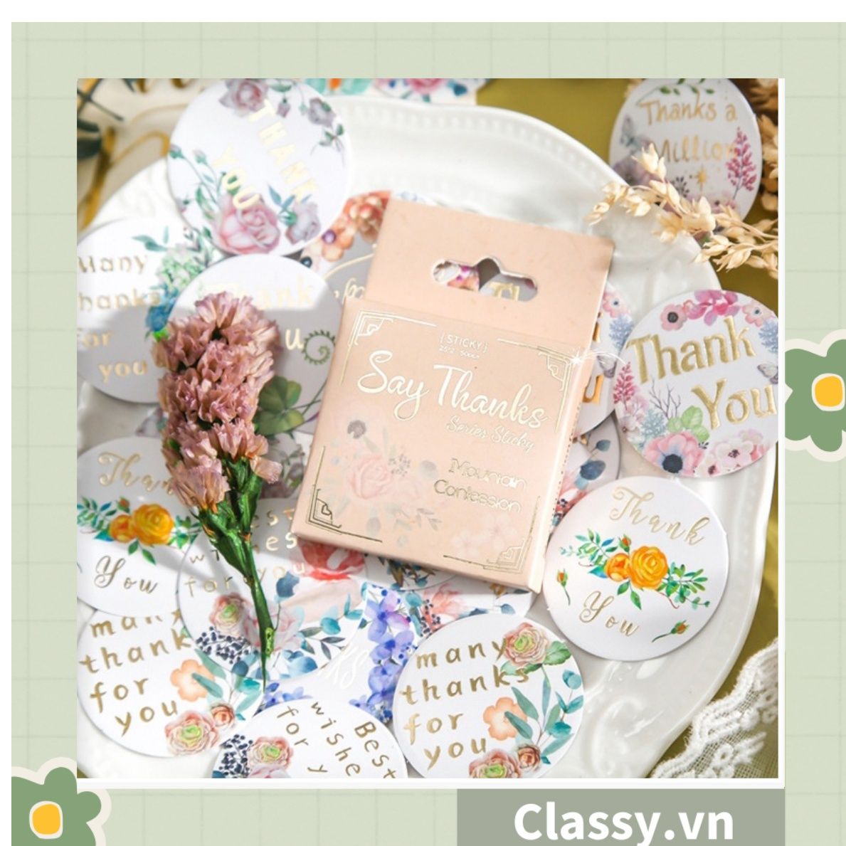 Bộ 50 Nhãn dán hộp sticker giấy C bóng họa tiết vintage thể hiện lòng biết ơn chữ thank you dùng để trang trí, niêm phong PK1794