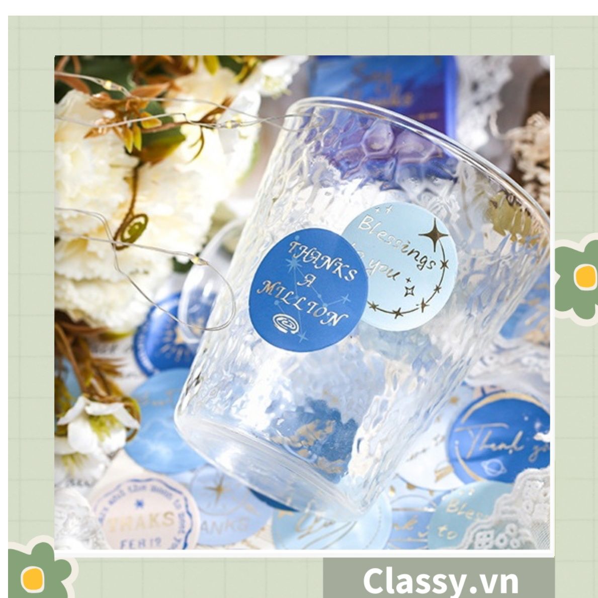 Bộ 50 Nhãn dán hộp sticker giấy C bóng họa tiết vintage thể hiện lòng biết ơn chữ thank you dùng để trang trí, niêm phong PK1794