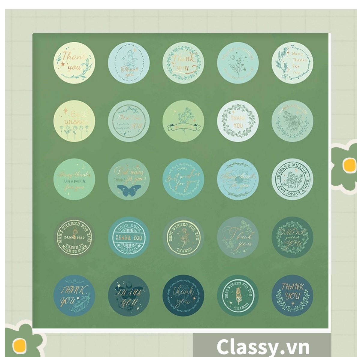 Bộ 50 Nhãn dán hộp sticker giấy C bóng họa tiết vintage thể hiện lòng biết ơn chữ thank you dùng để trang trí, niêm phong PK1794