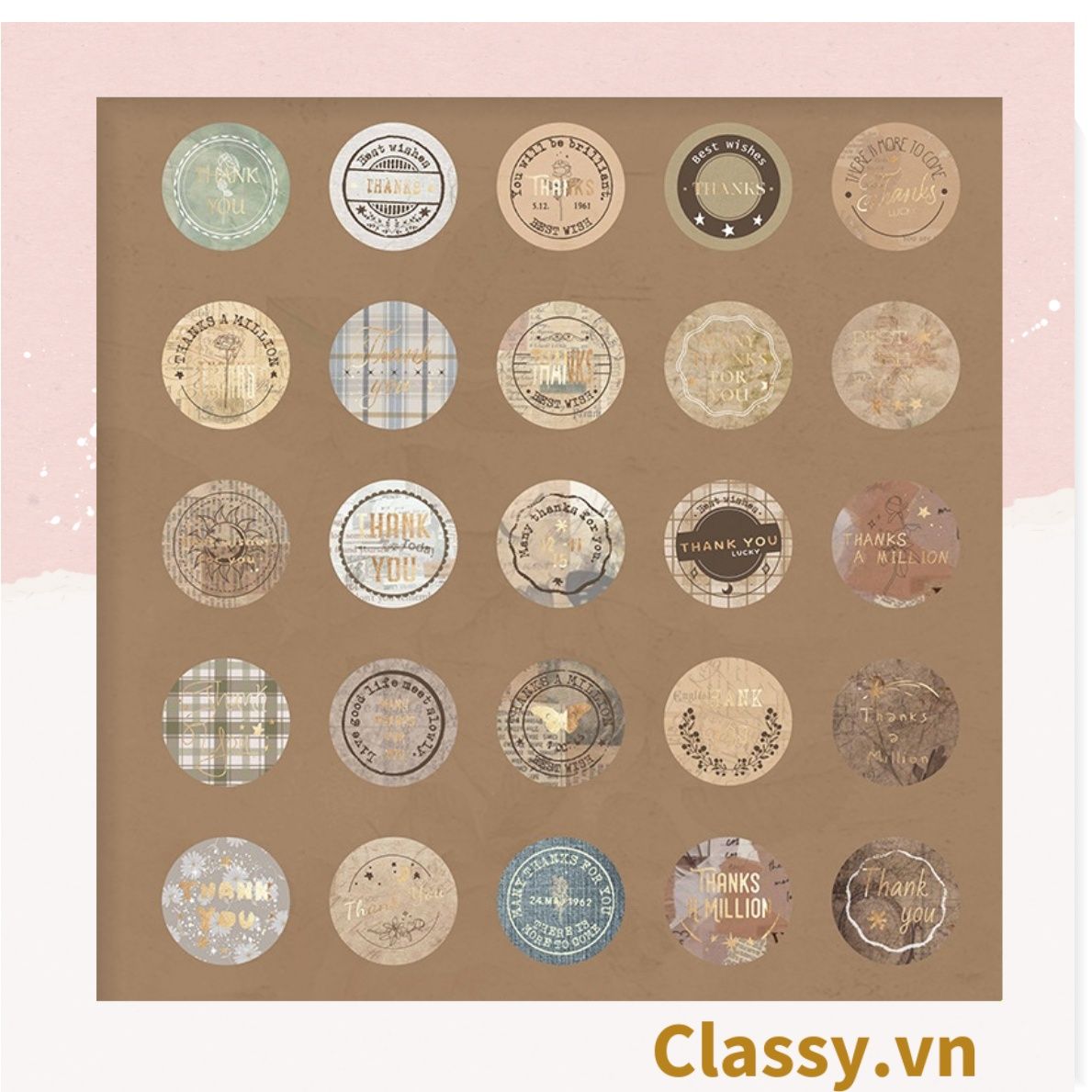 Bộ 50 Nhãn dán hộp sticker giấy C bóng họa tiết vintage thể hiện lòng biết ơn chữ thank you dùng để trang trí, niêm phong PK1794