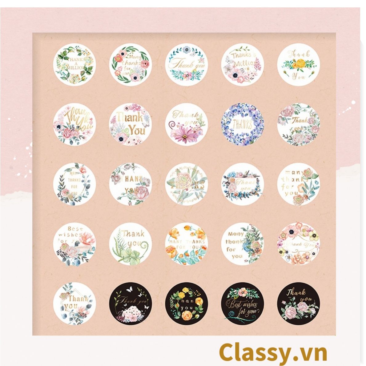  Bộ 50 Nhãn dán hộp sticker giấy C bóng họa tiết vintage thể hiện lòng biết ơn chữ thank you dùng để trang trí, niêm phong PK1794 