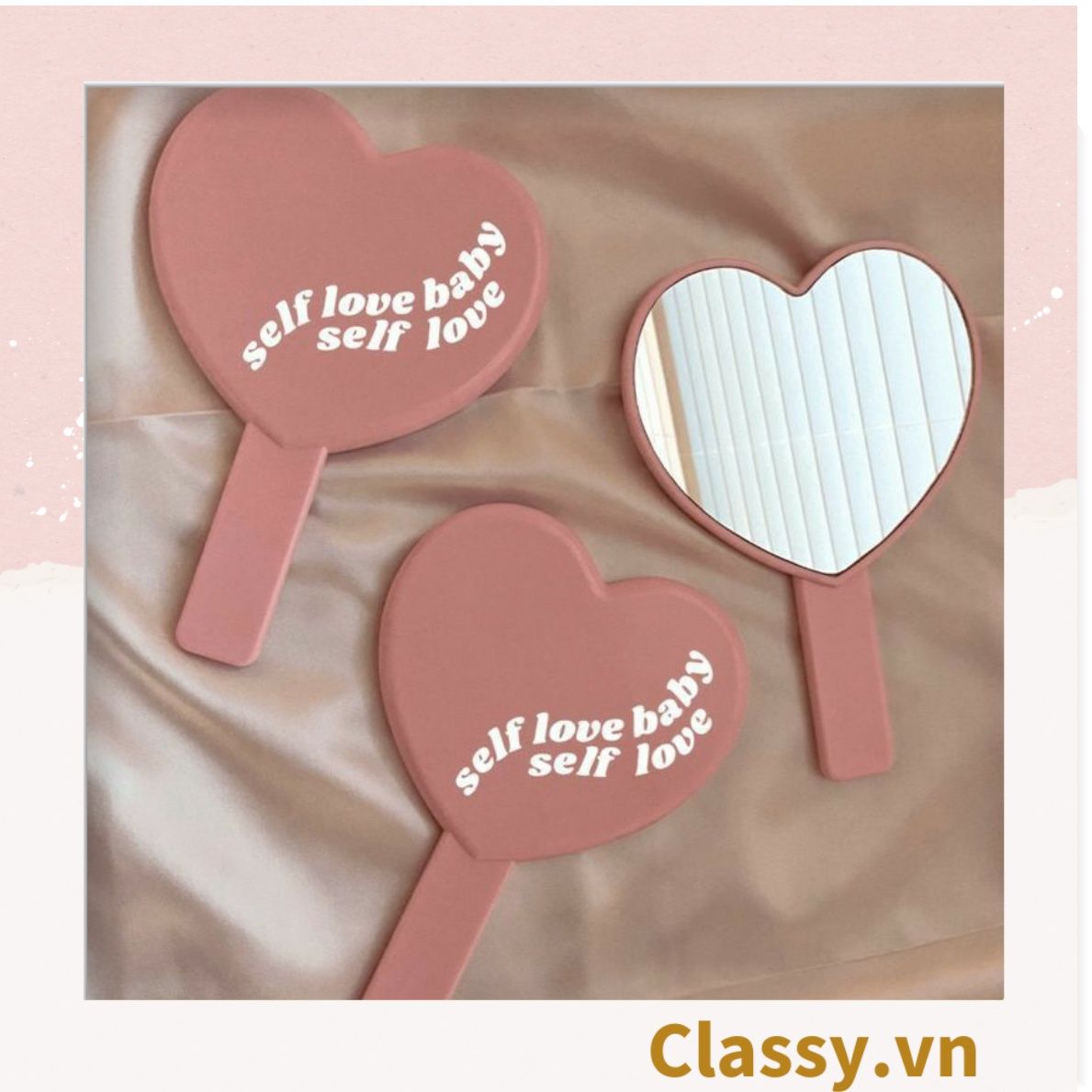 Gương soi cầm tay hình trái tim Kích thước 13*18.5cm màu hồng PK1825