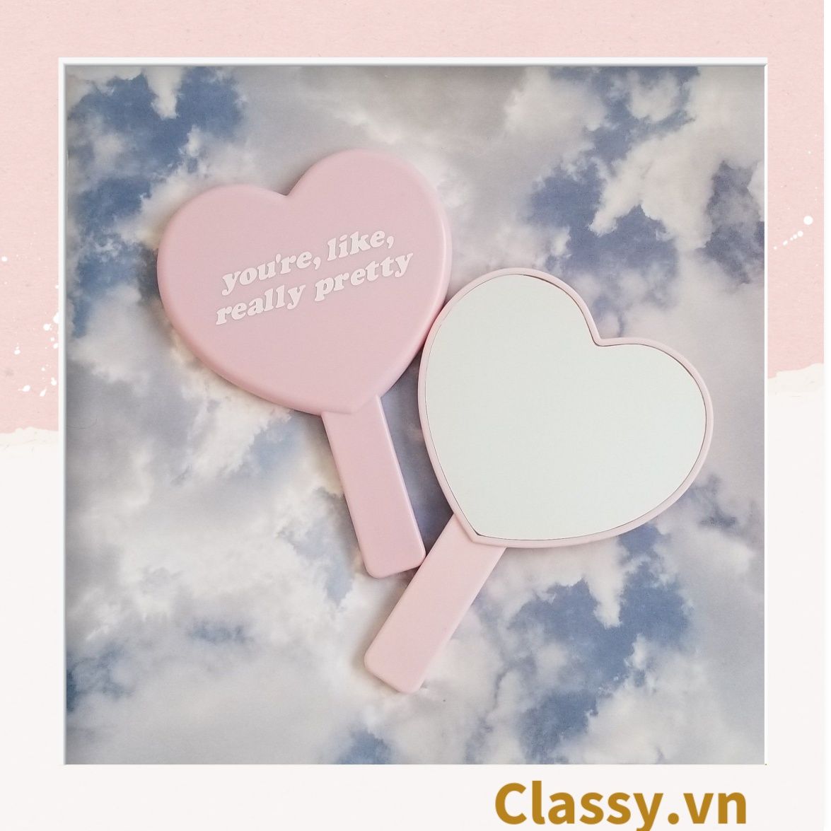 Gương soi cầm tay hình trái tim Kích thước 13*18.5cm màu hồng PK1825