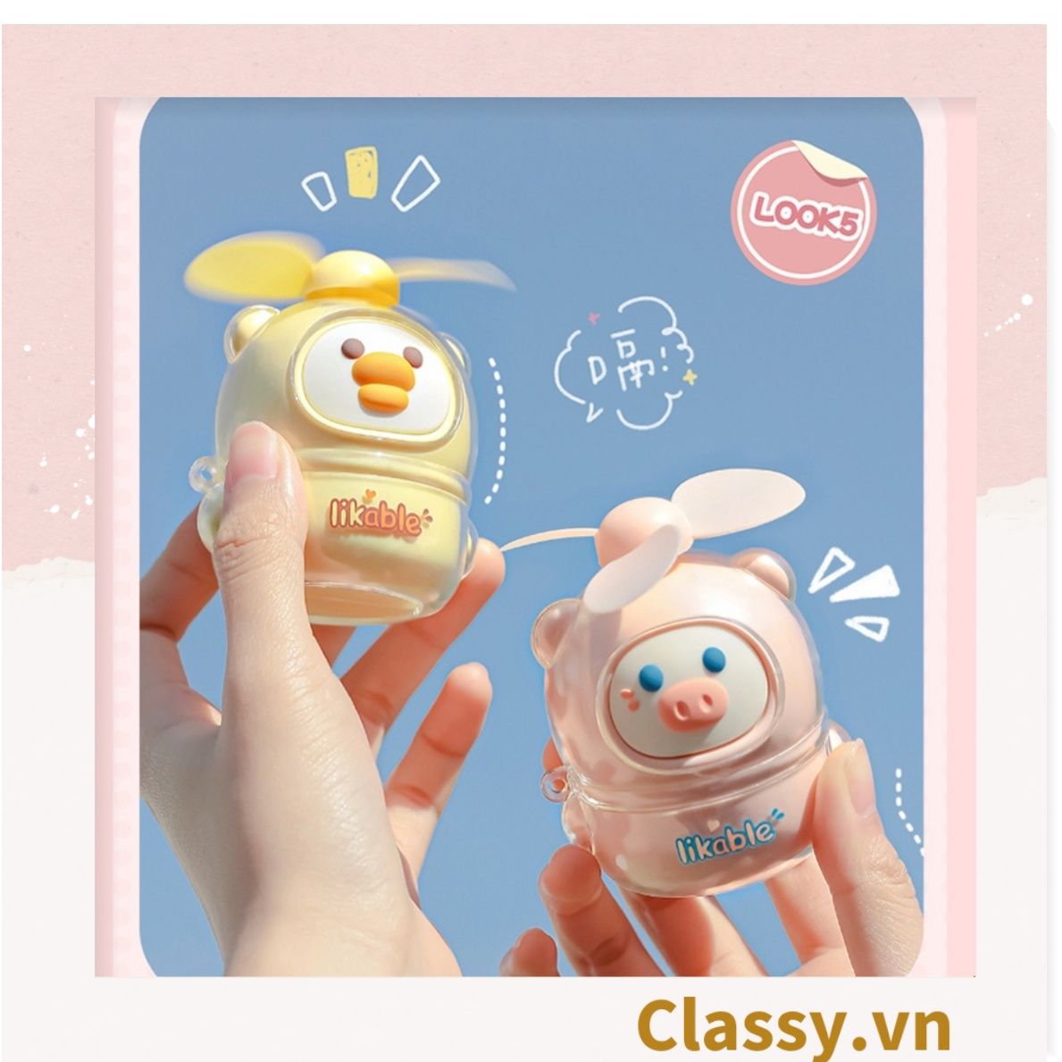 Quạt cầm tay mini tích điện có đế để bàn 3 tốc độ gió hình tai thỏ dễ thương PK1930