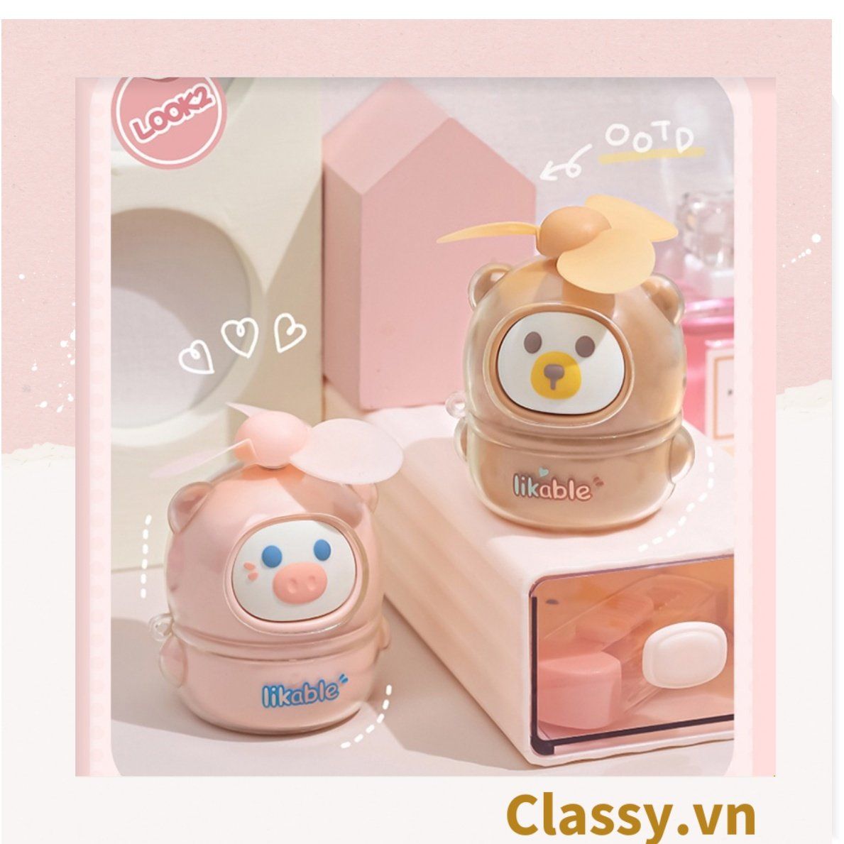 Quạt cầm tay mini tích điện có đế để bàn 3 tốc độ gió hình tai thỏ dễ thương PK1930