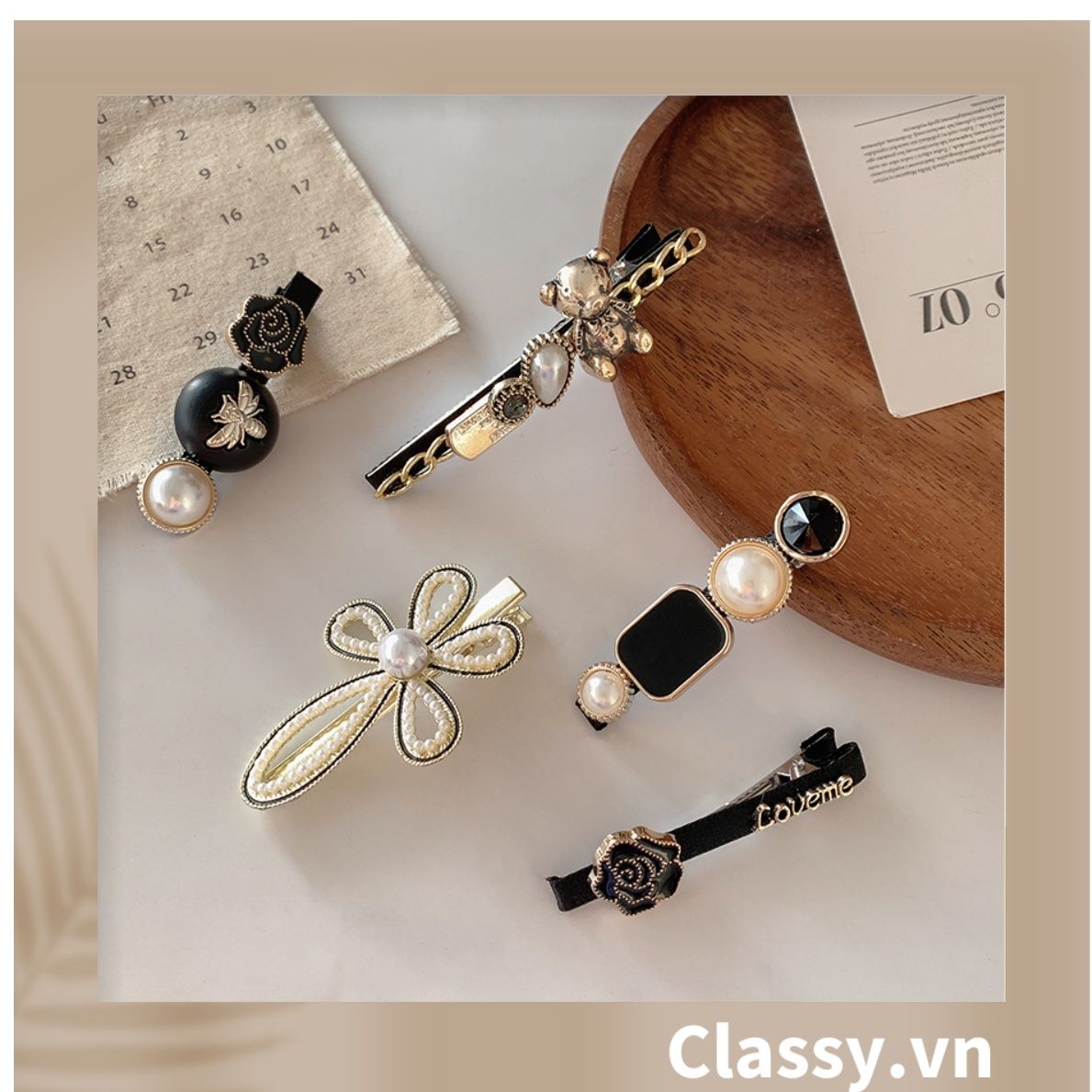 Kẹp Tóc nhiều họa tiết gắn cẩm thạch và hạt trai sang trọng & thanh lịch dành cho phái nữ PK546
