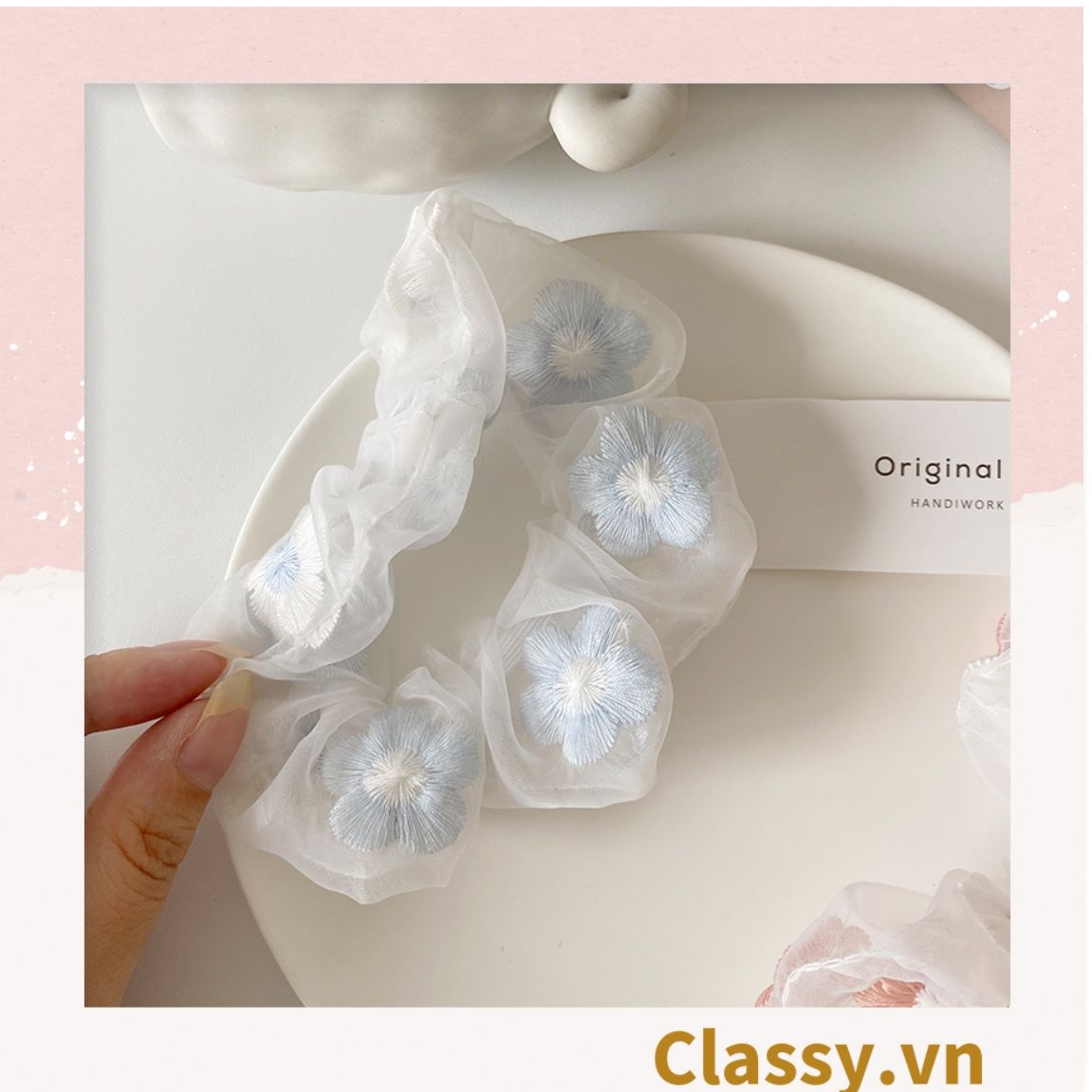  Dây cột tóc Scrunchies vải trong suốt thêu hoa PK549 