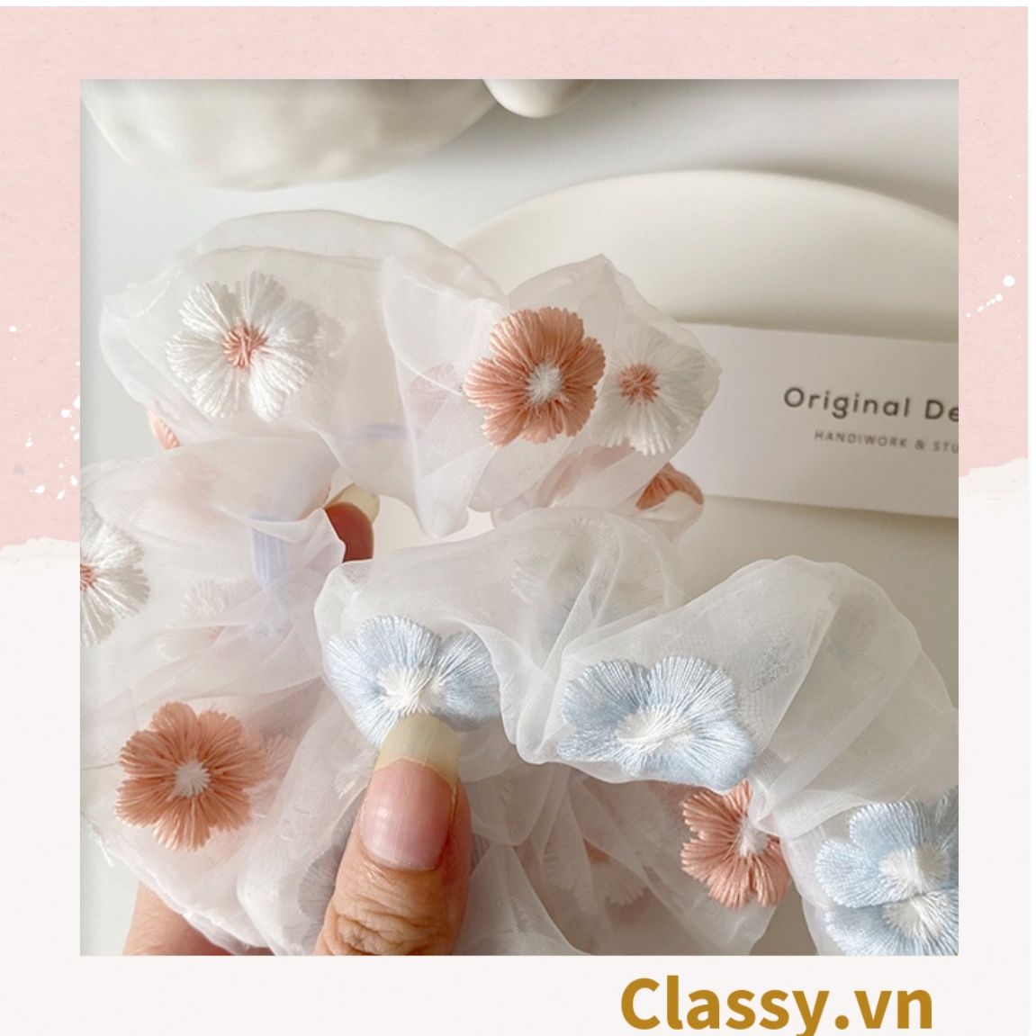  Dây cột tóc Scrunchies vải trong suốt thêu hoa PK549 