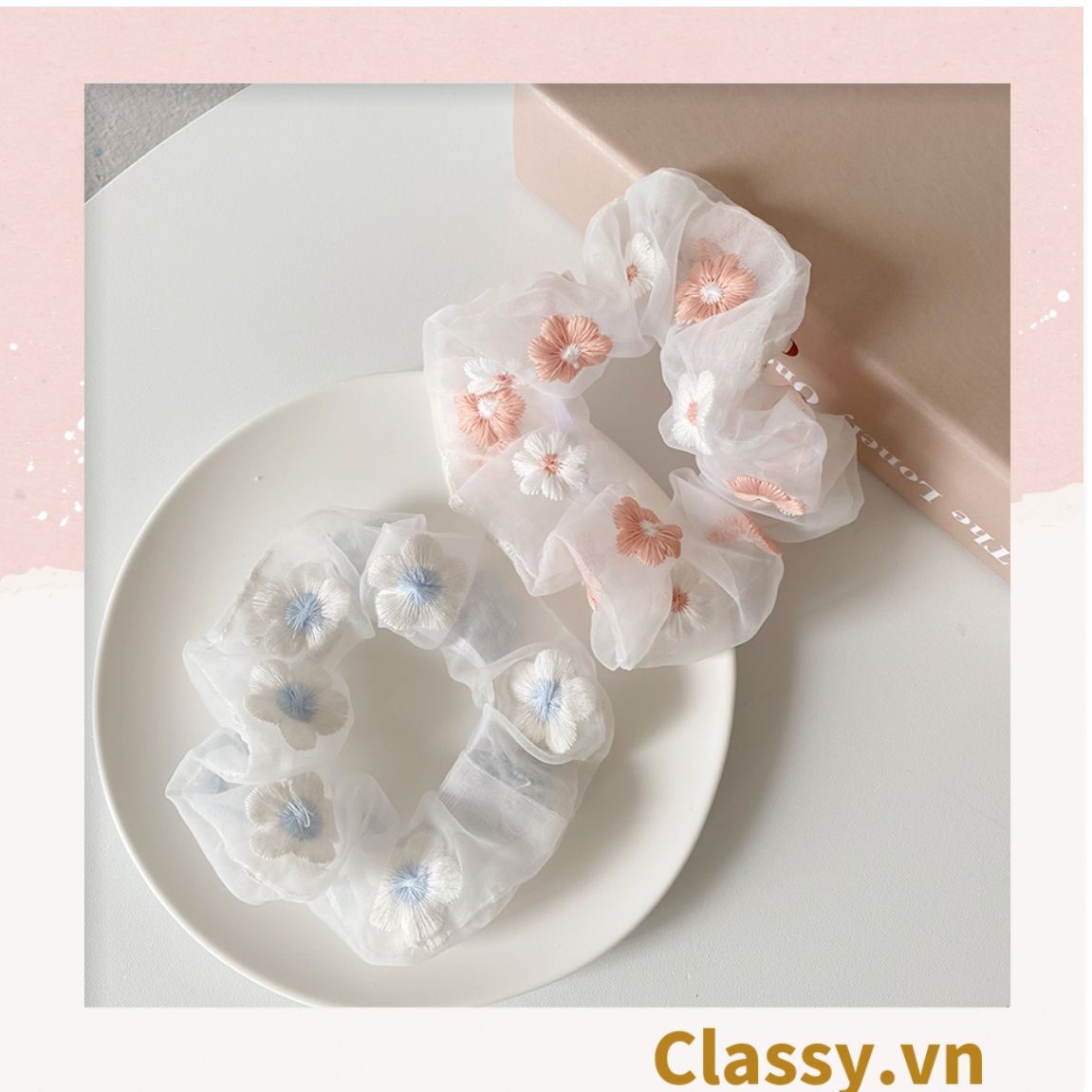 Dây cột tóc Scrunchies vải trong suốt thêu hoa PK549