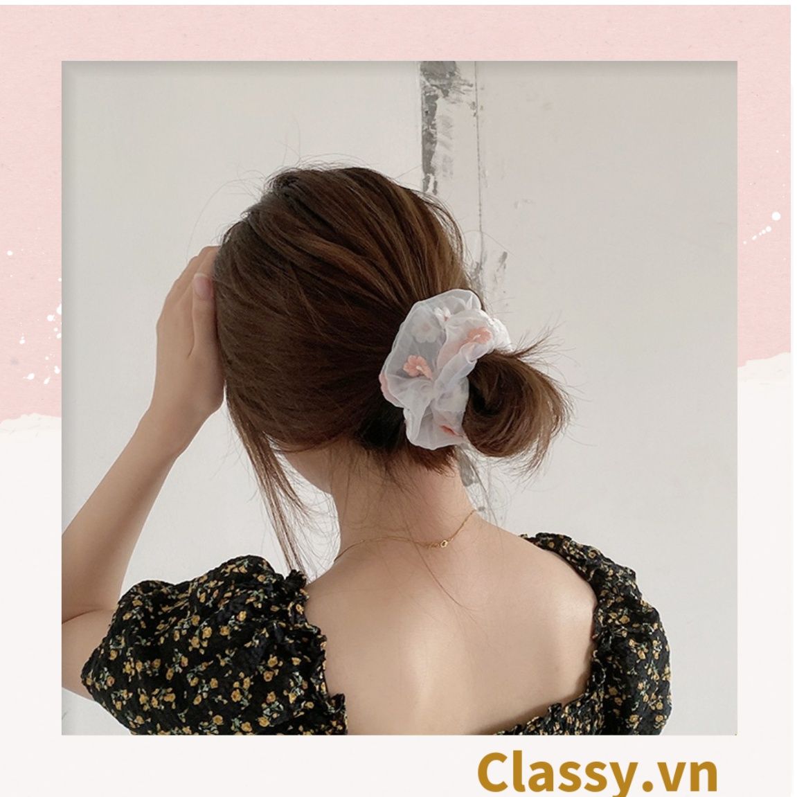  Dây cột tóc Scrunchies vải trong suốt thêu hoa PK549 