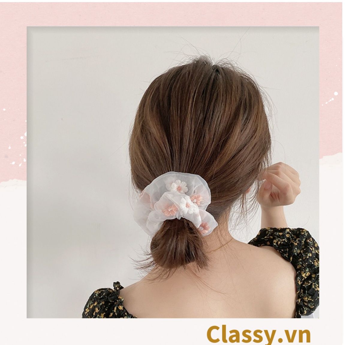 Dây cột tóc Scrunchies vải trong suốt thêu hoa PK549