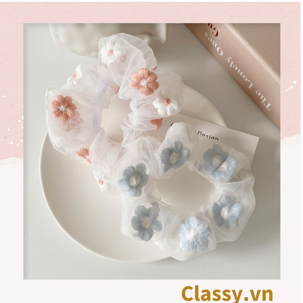  Dây cột tóc Scrunchies vải trong suốt thêu hoa PK549 