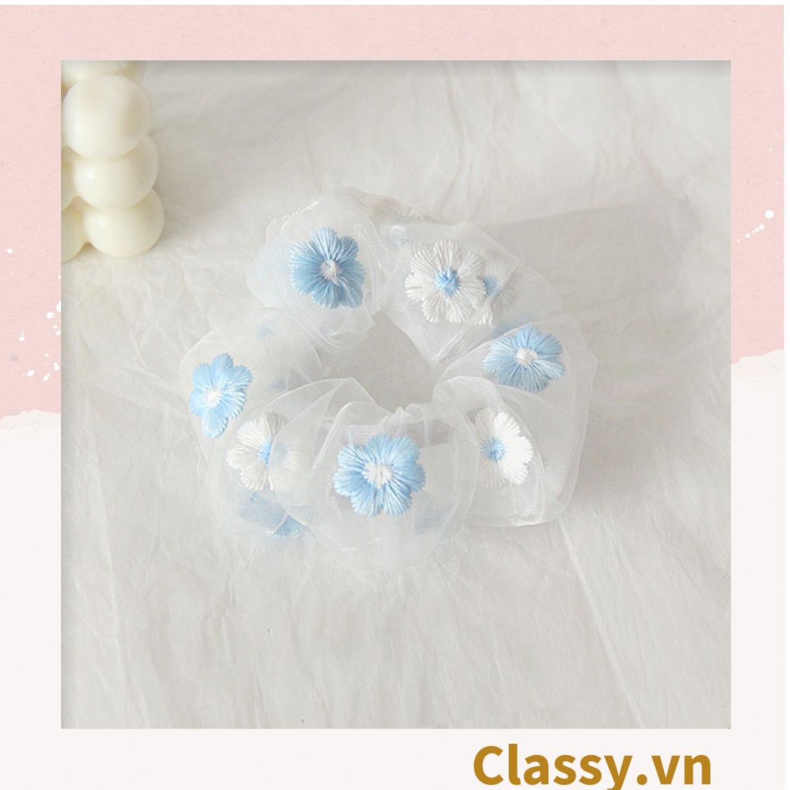Dây cột tóc Scrunchies vải trong suốt thêu hoa PK549