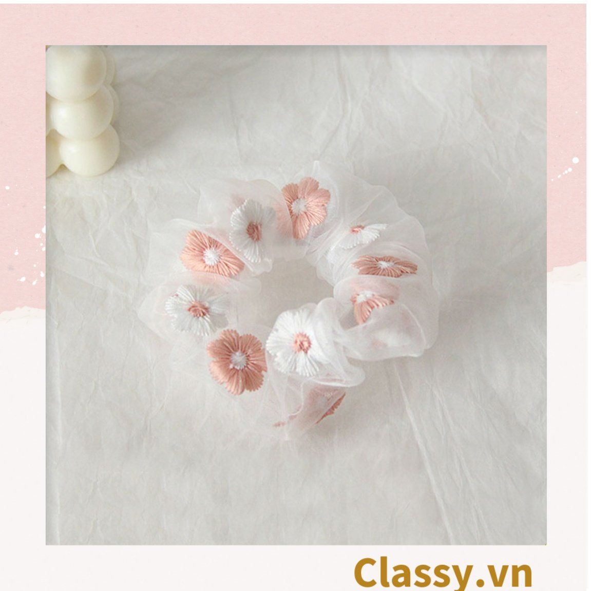  Dây cột tóc Scrunchies vải trong suốt thêu hoa PK549 