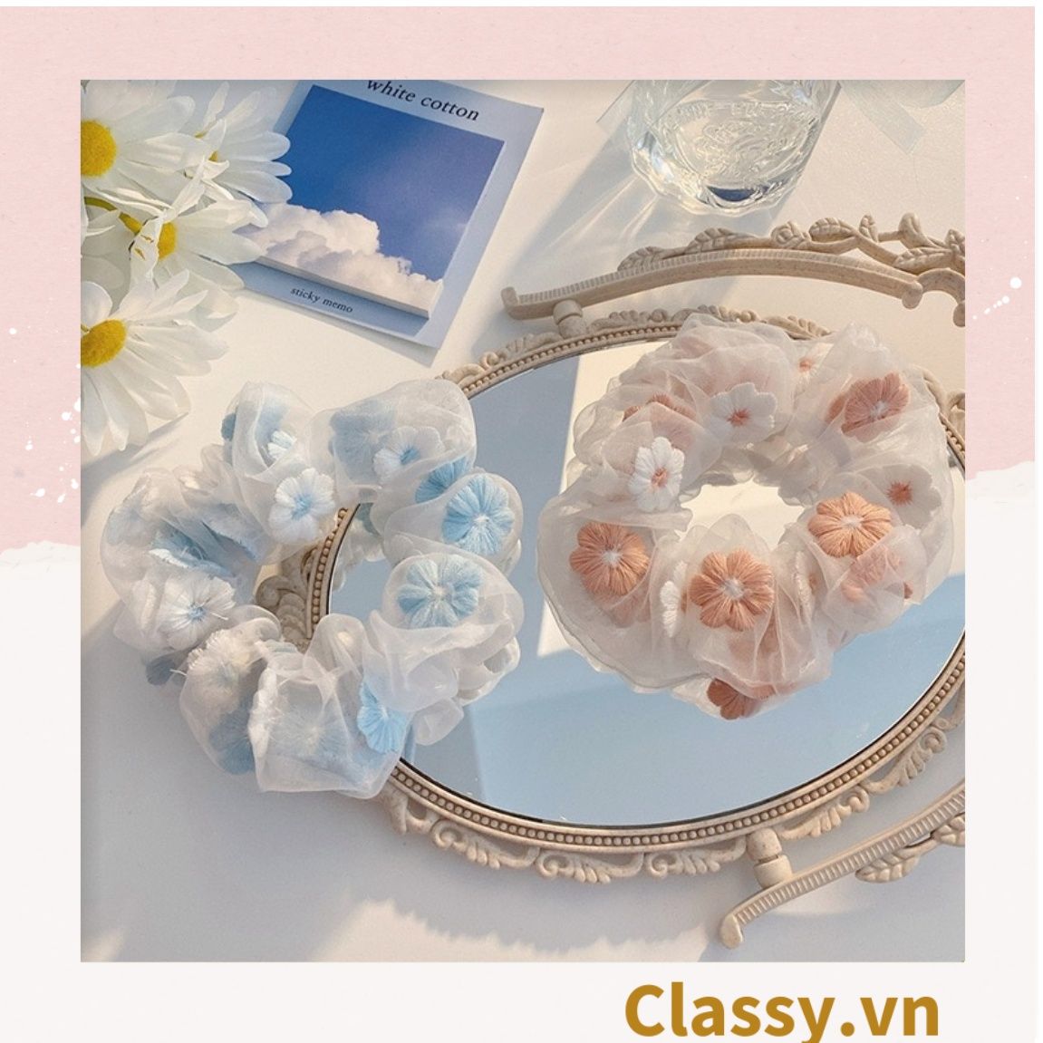 Dây cột tóc Scrunchies vải trong suốt thêu hoa PK549
