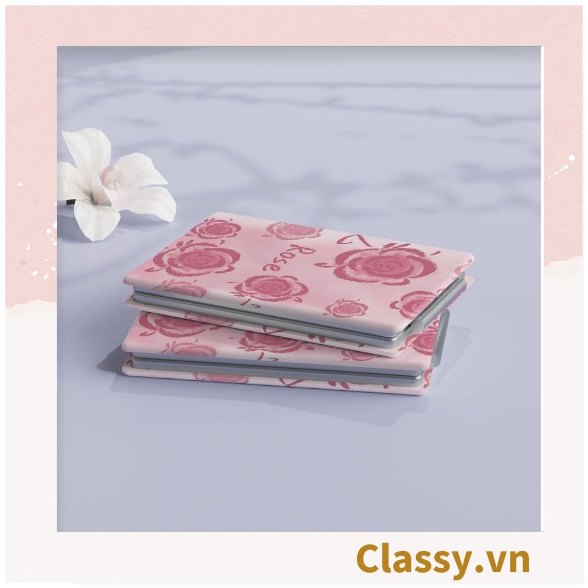 Gương trang điểm cầm tay mini 2 mặt bỏ túi kèm lược, Gương cầm tay mini Hàn Quốc siêu cute, Gương Vintage Hoa hồng PK569