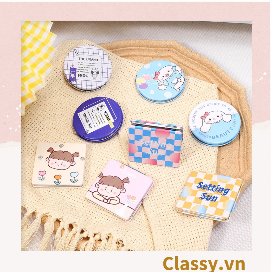 Gương trang điểm cầm tay size lớn họa tiết 2 mặt bỏ túi, Gương cầm tay mini Hàn Quốc siêu cute, Gương hoạt hình PK570