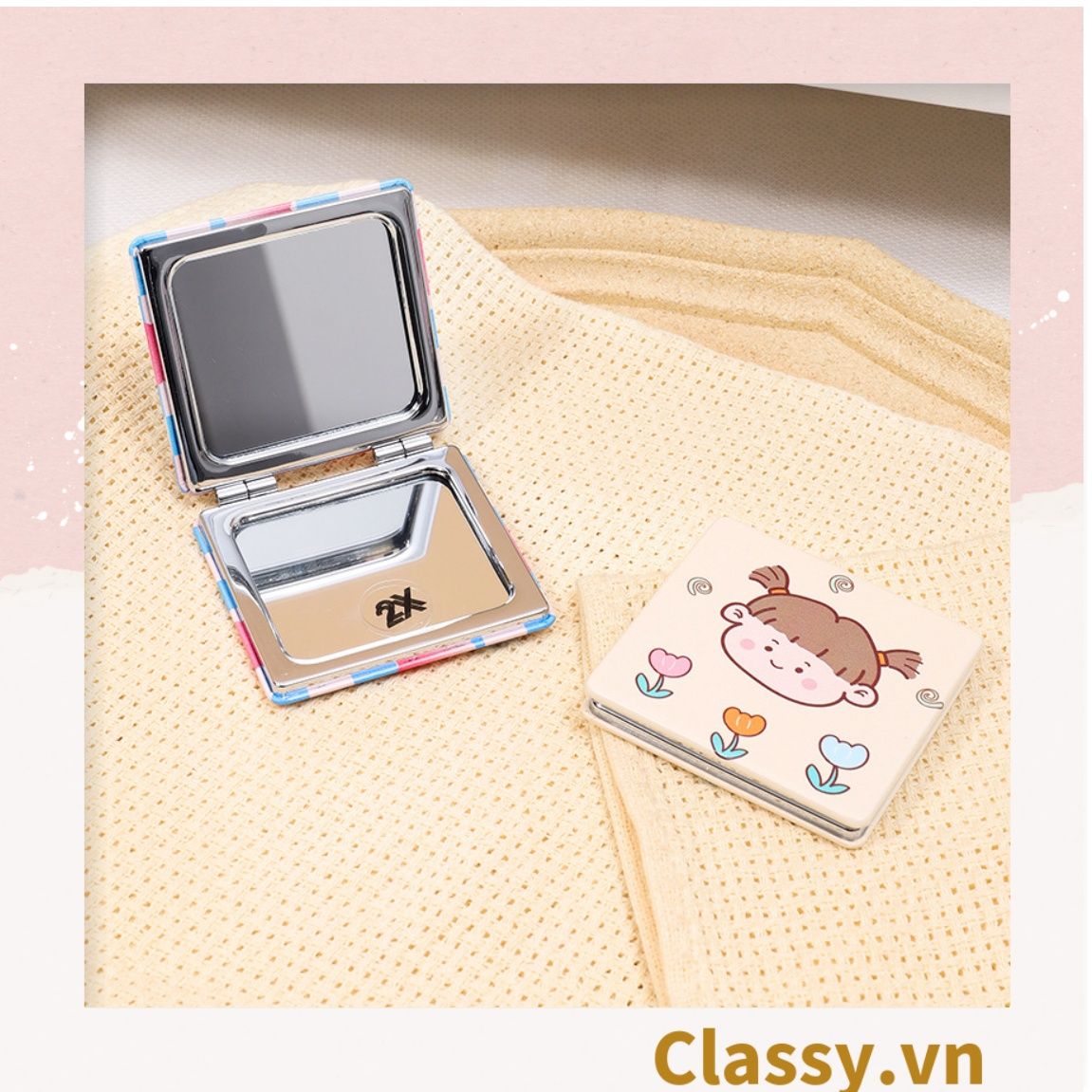 Gương trang điểm cầm tay size lớn họa tiết 2 mặt bỏ túi, Gương cầm tay mini Hàn Quốc siêu cute, Gương hoạt hình PK570