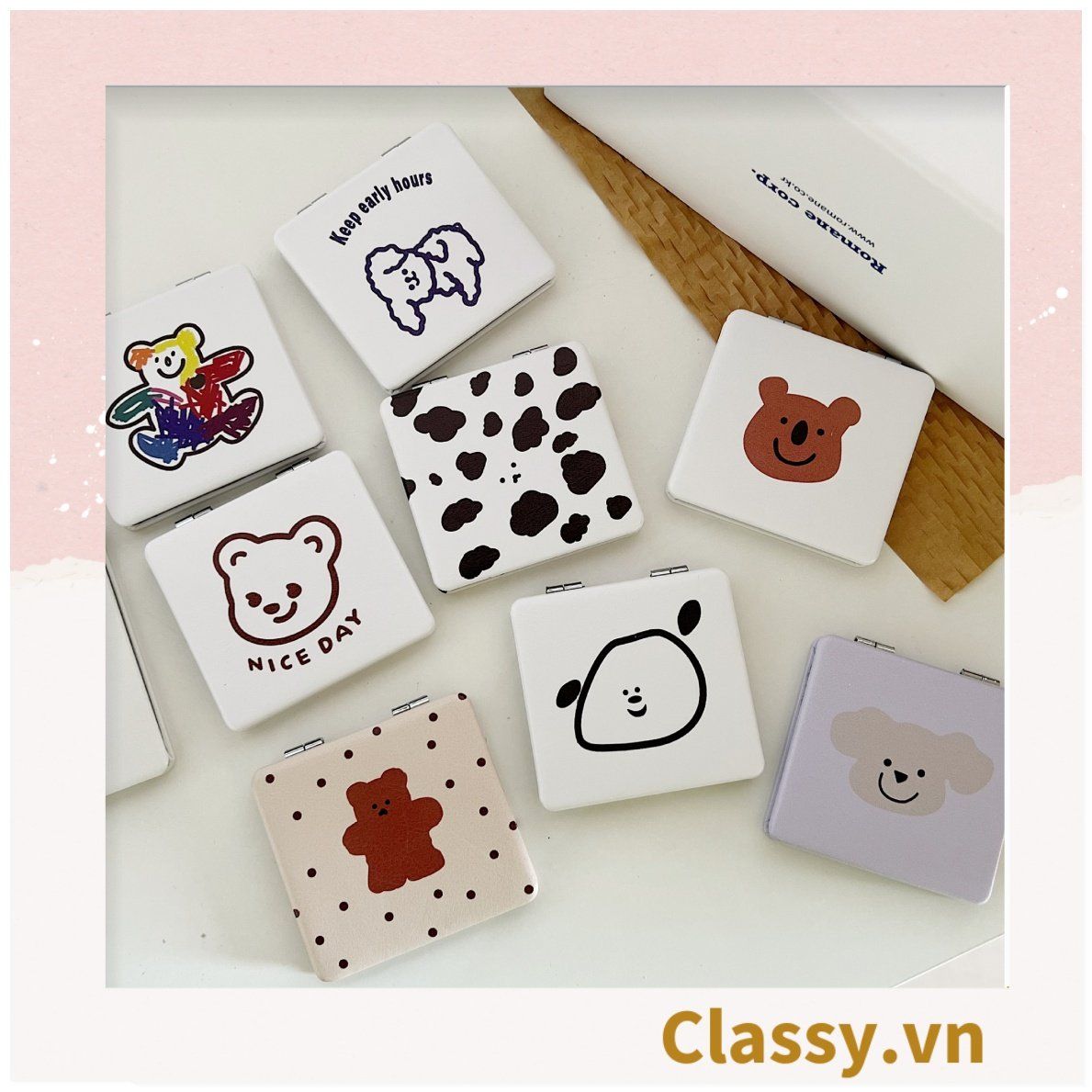 Gương trang điểm cầm tay mini 2 mặt bỏ túi kèm lược, Gương cầm tay mini Hàn Quốc siêu cute, Gương hoạt hình PK569