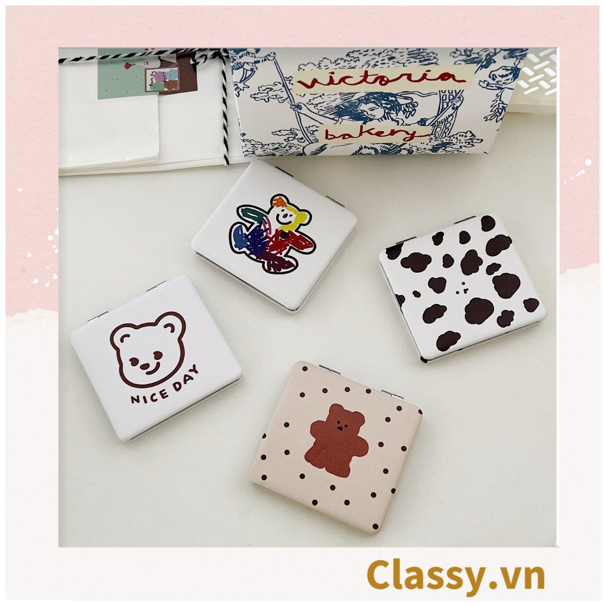 Gương trang điểm cầm tay mini 2 mặt bỏ túi kèm lược, Gương cầm tay mini Hàn Quốc siêu cute, Gương hoạt hình PK569