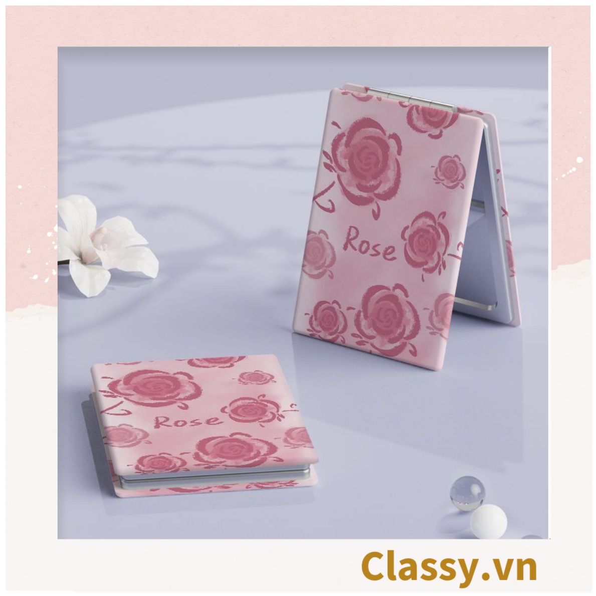 Gương trang điểm cầm tay mini 2 mặt bỏ túi kèm lược, Gương cầm tay mini Hàn Quốc siêu cute, Gương Vintage Hoa hồng PK569