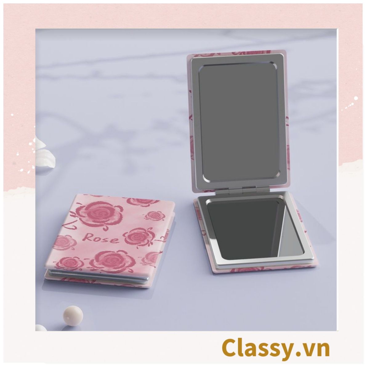 Gương trang điểm cầm tay mini 2 mặt bỏ túi kèm lược, Gương cầm tay mini Hàn Quốc siêu cute, Gương Vintage Hoa hồng PK569