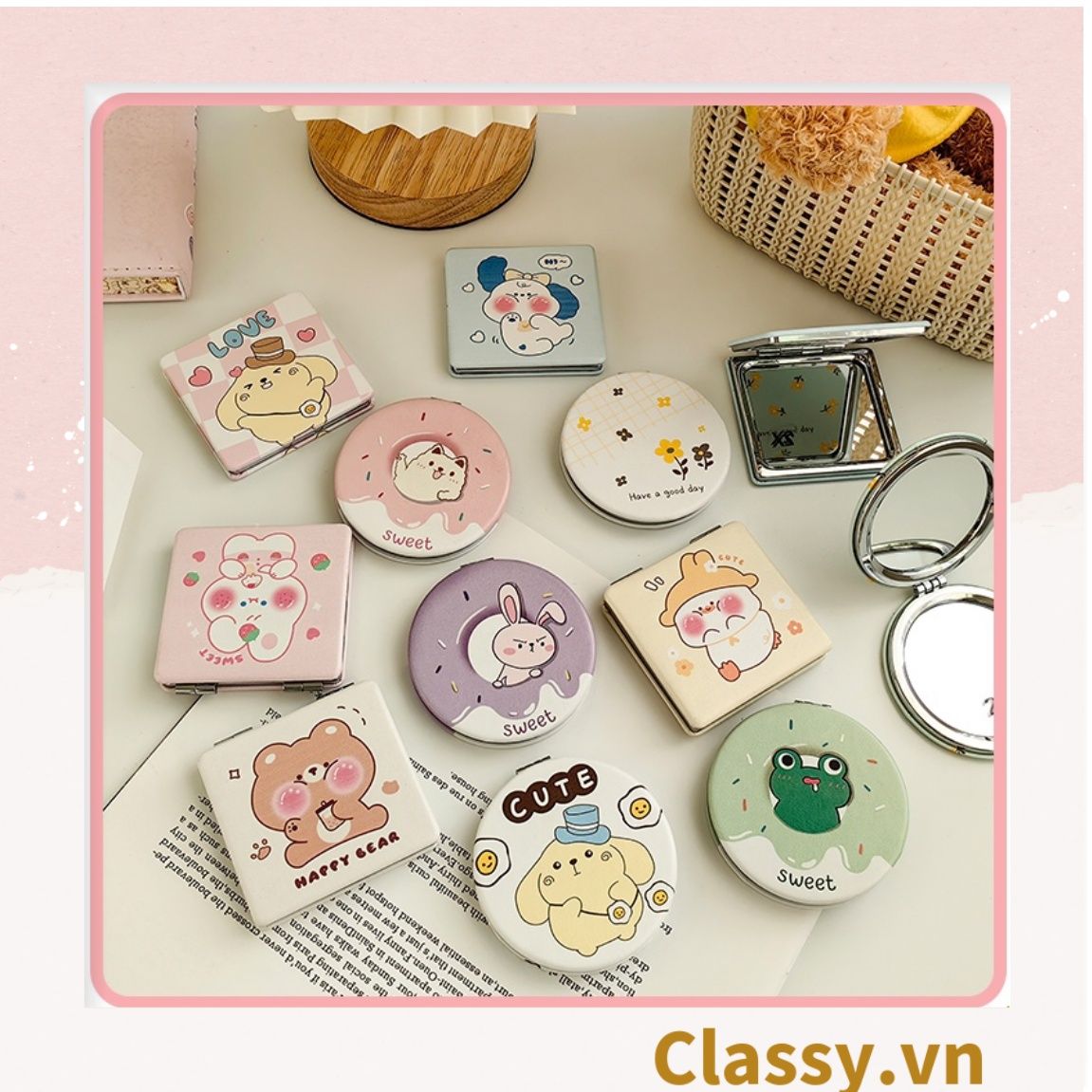 Gương trang điểm cầm tay size lớn họa tiết 2 mặt bỏ túi, Gương cầm tay mini Hàn Quốc siêu cute, Gương hoạt hình PK570