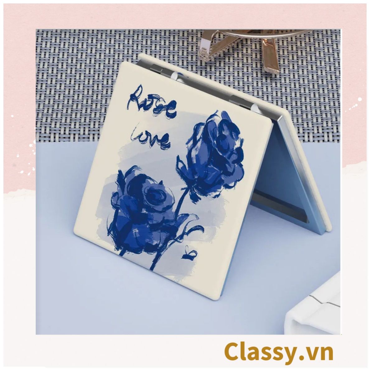 Gương trang điểm cầm tay mini 2 mặt bỏ túi kèm lược, Gương cầm tay mini Hàn Quốc siêu cute, Gương Vintage Hoa hồng PK569