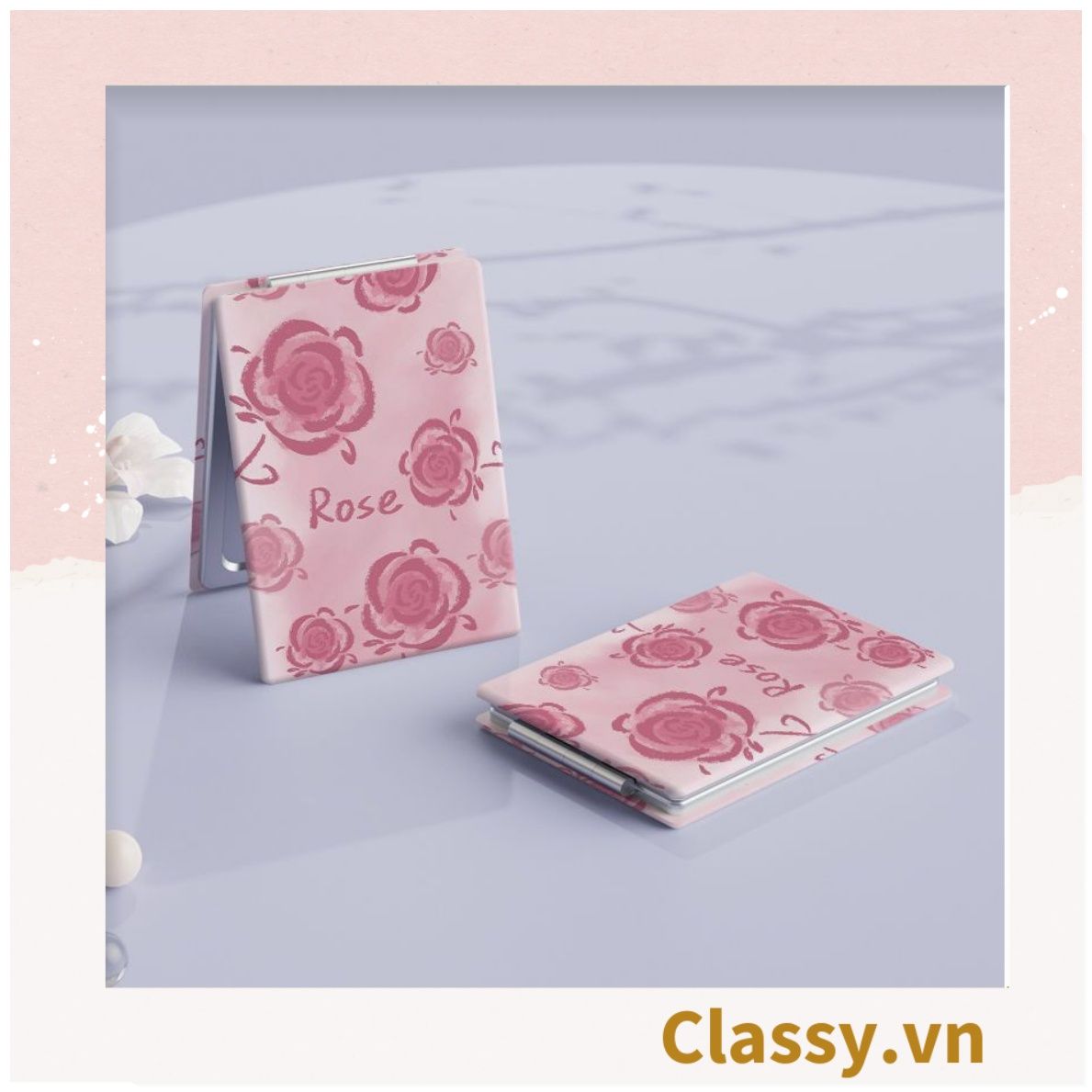 Gương trang điểm cầm tay mini 2 mặt bỏ túi kèm lược, Gương cầm tay mini Hàn Quốc siêu cute, Gương Vintage Hoa hồng PK569