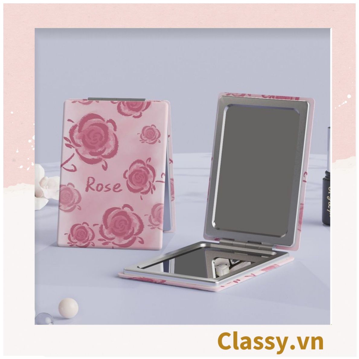 Gương trang điểm cầm tay mini 2 mặt bỏ túi kèm lược, Gương cầm tay mini Hàn Quốc siêu cute, Gương Vintage Hoa hồng PK569