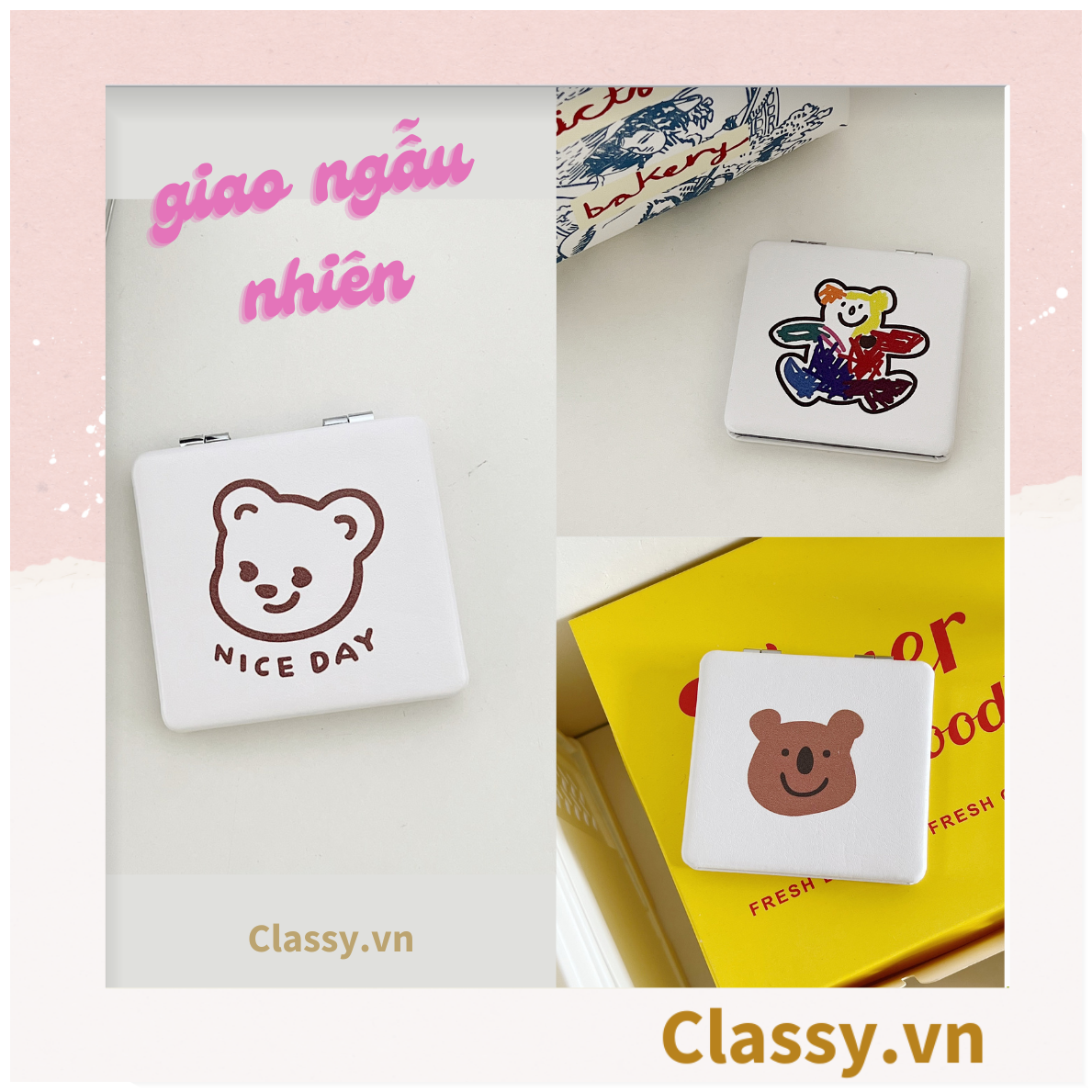  Gương trang điểm cầm tay mini 2 mặt bỏ túi kèm lược, Gương cầm tay mini Hàn Quốc siêu cute, Gương hoạt hình PK569 