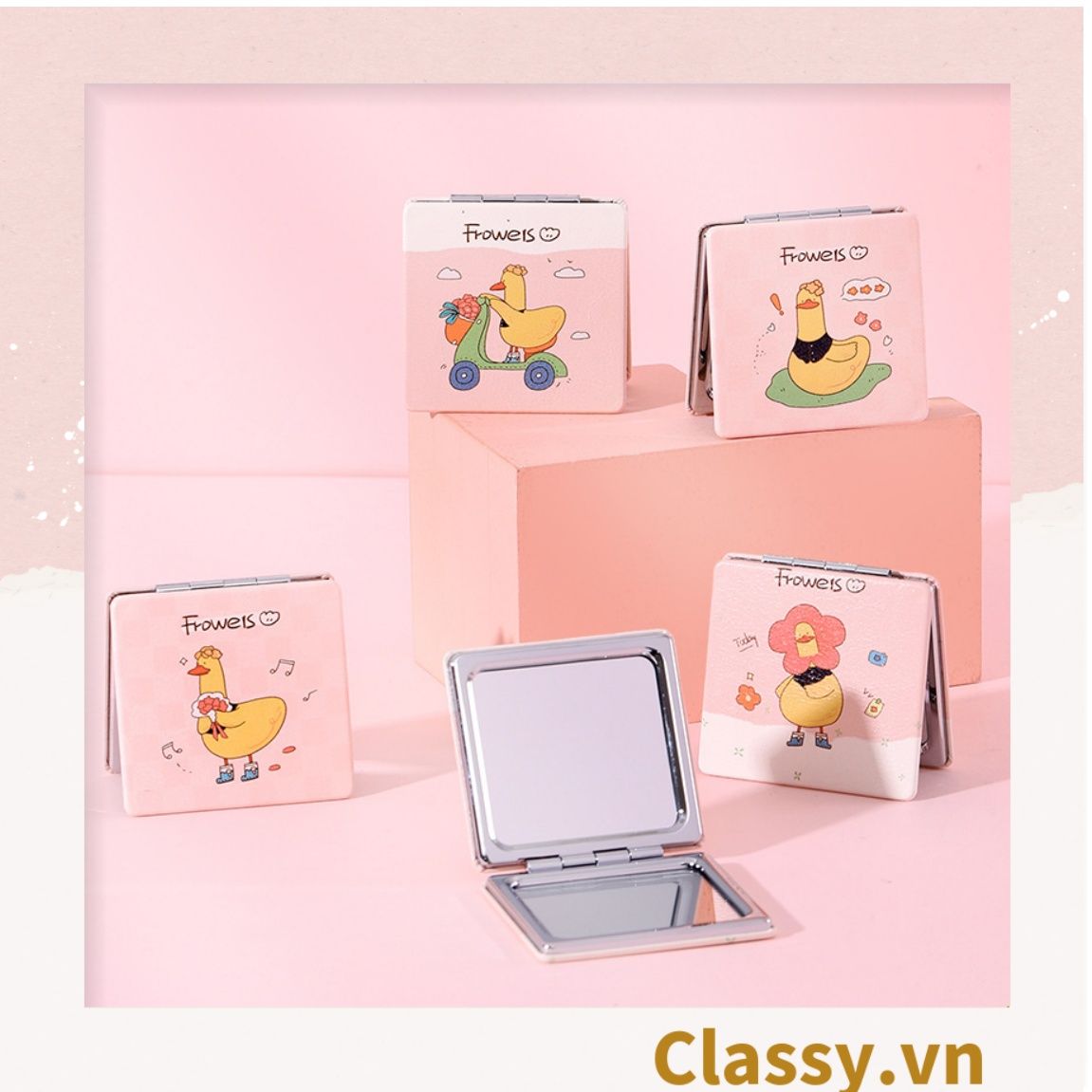Gương trang điểm cầm tay mini 2 mặt bỏ túi kèm lược, Gương cầm tay mini Hàn Quốc siêu cute, Gương hoạt hình PK569