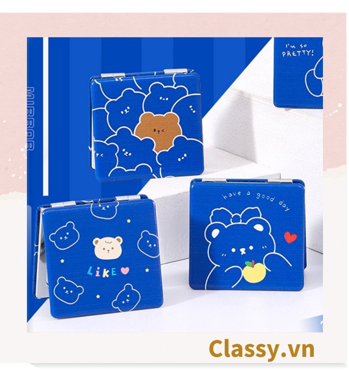 Gương trang điểm cầm tay mini 2 mặt bỏ túi kèm lược, Gương cầm tay mini Hàn Quốc siêu cute, Gương hoạt hình PK569